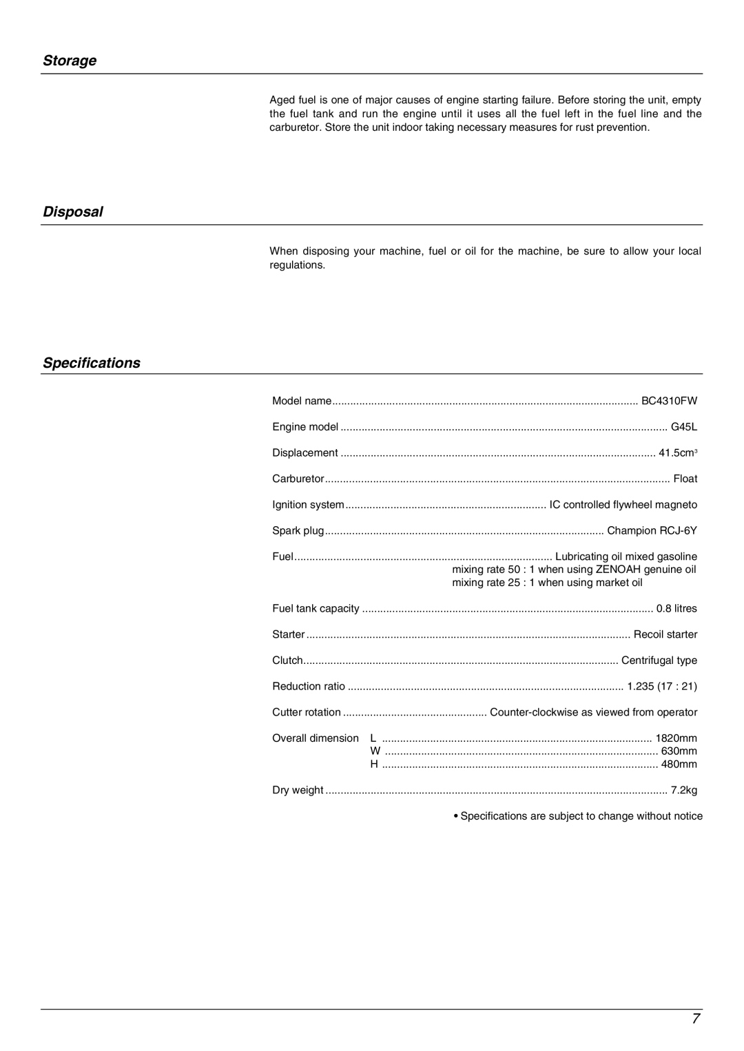 Zenoah BC4310FW owner manual Storage, Disposal, Specifications 