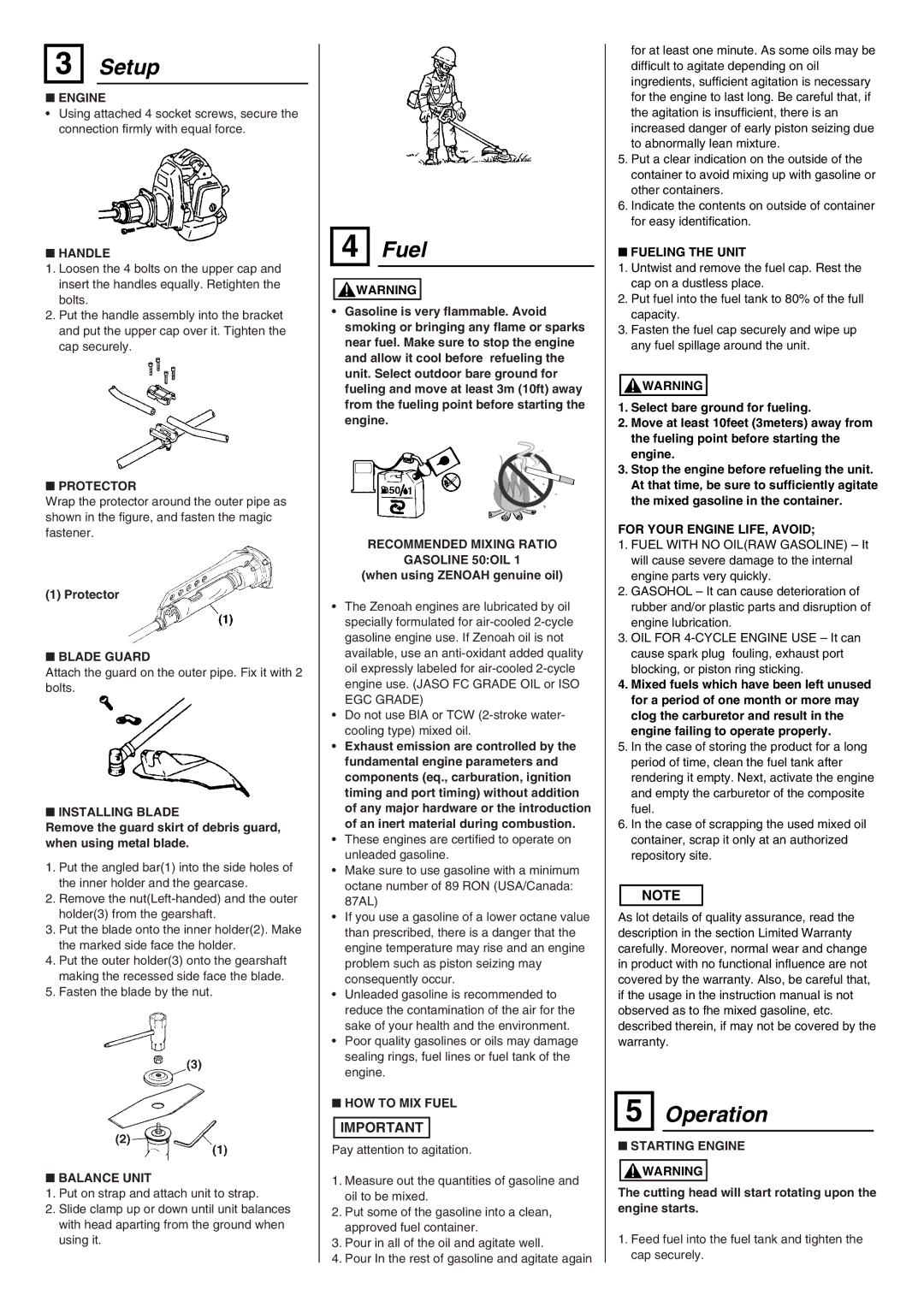 Zenoah BC4350FW owner manual Setup, Fuel, Operation 