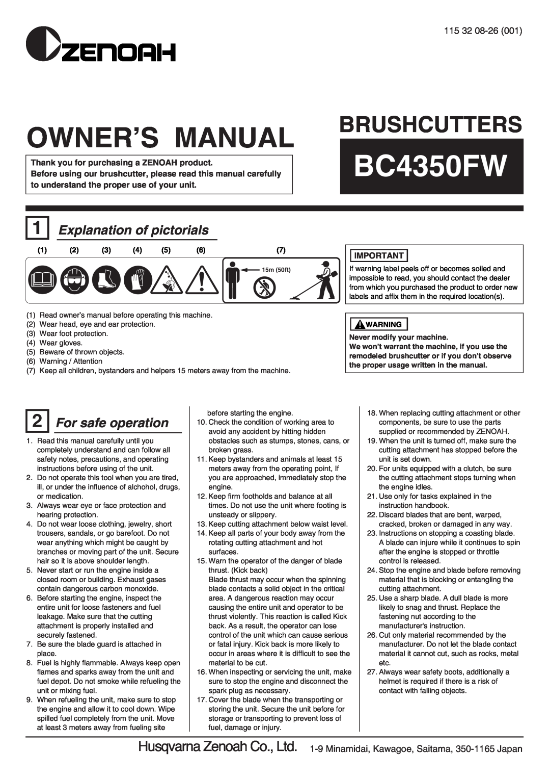 Zenoah BC4350FW owner manual Explanation of pictorials, For safe operation, Owner’S Manual, Brushcutters, 115 32 08-26 