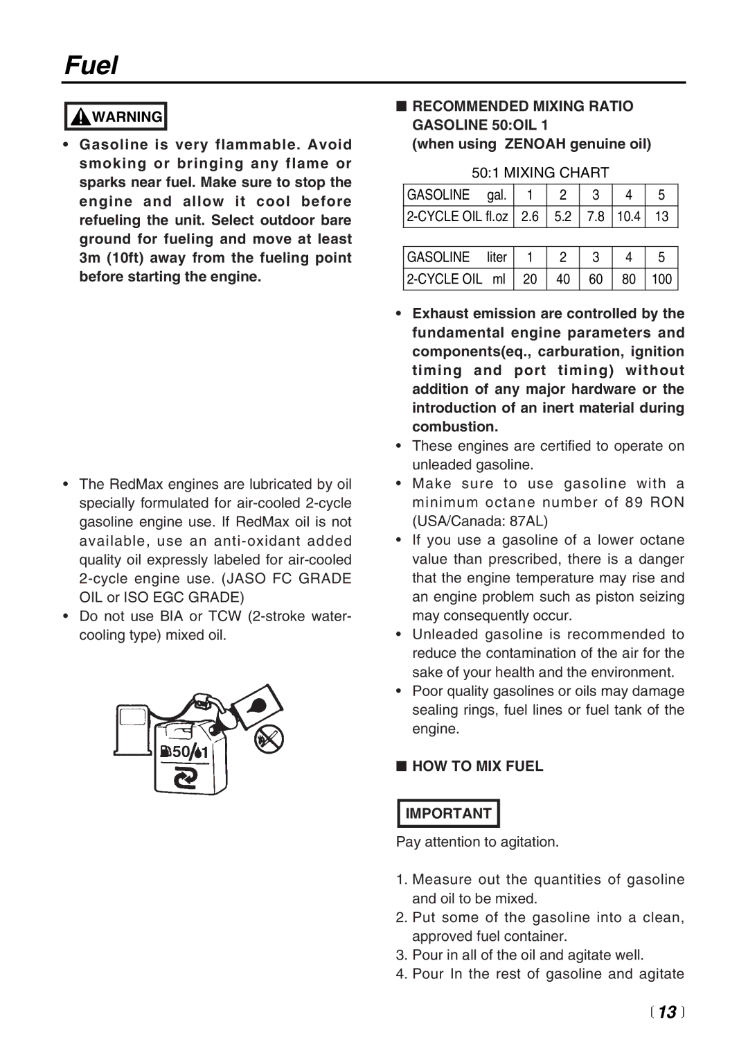 Zenoah BC4401DW manual  13 , Recommended Mixing Ratio Gasoline 50OIL, When using Zenoah genuine oil, HOW to MIX Fuel 