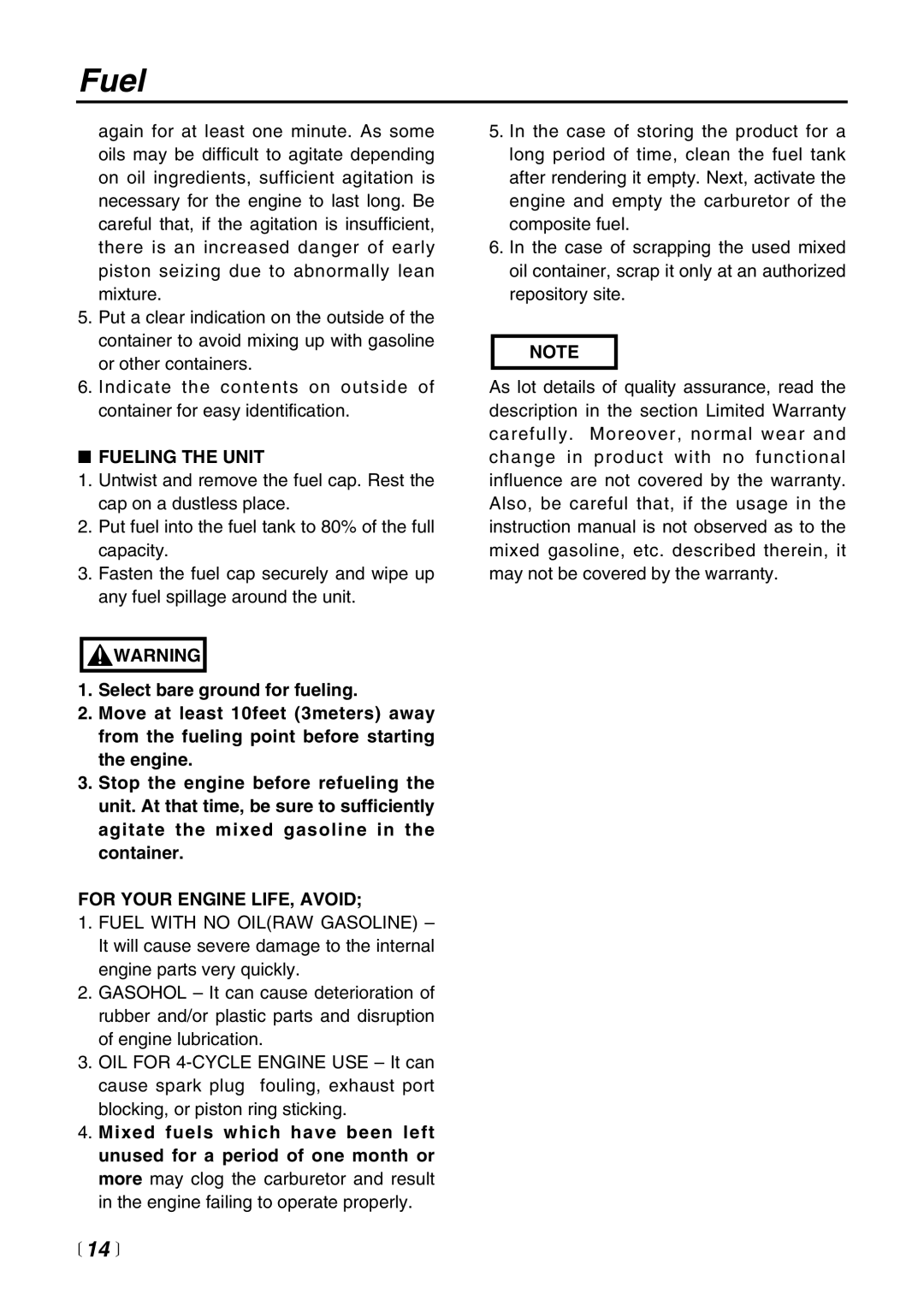 Zenoah BC4401DW manual  14 , Fueling the Unit, For Your Engine LIFE, Avoid 