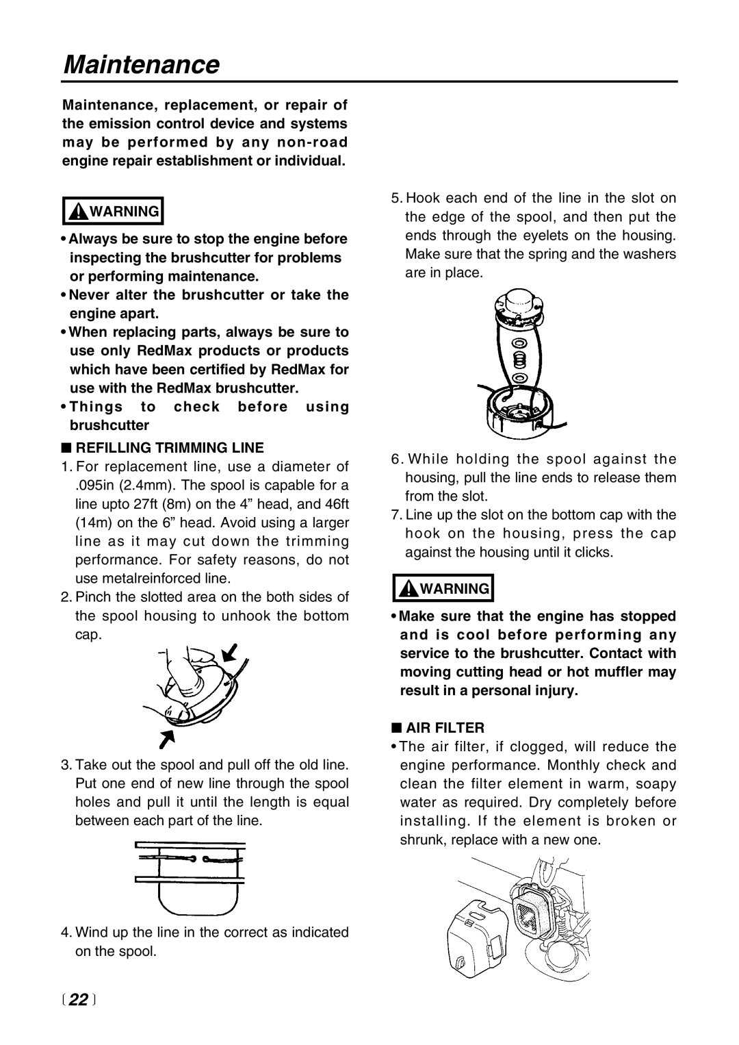 Zenoah BC4401DW manual Maintenance,  22 , Refilling Trimming Line, AIR Filter 