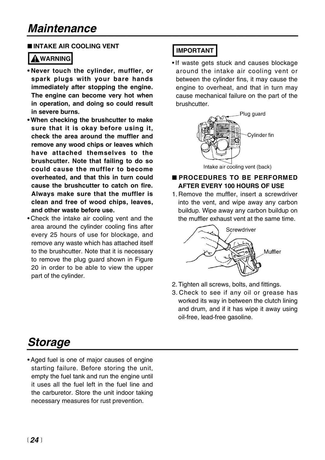 Zenoah BC4401DW Storage,  24 , Intake AIR Cooling Vent Warning, Procedures to be Performed After Every 100 Hours of USE 