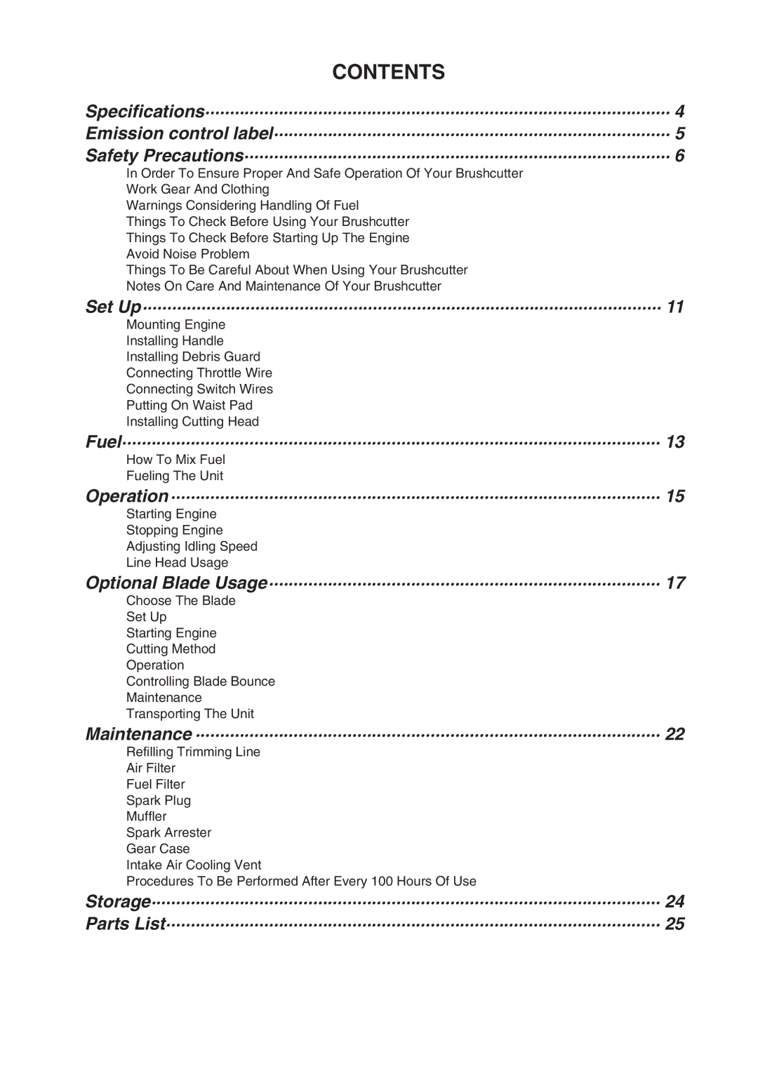 Zenoah BC4401DW manual Contents 