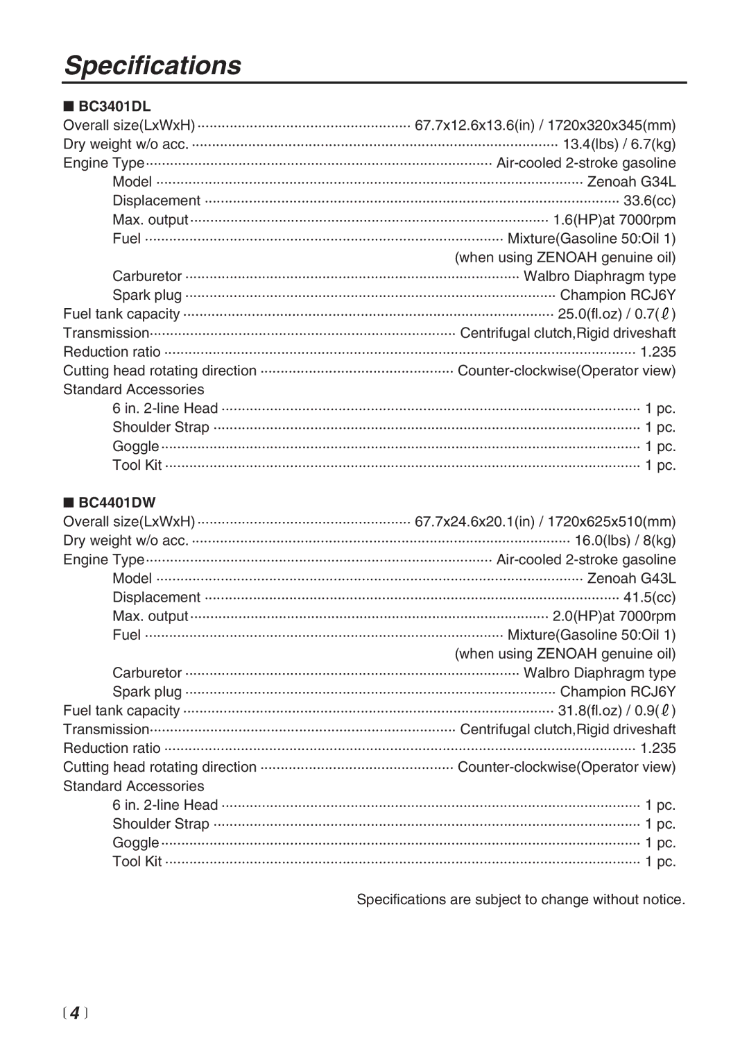 Zenoah BC4401DW manual Specifications,  4 , BC3401DL 