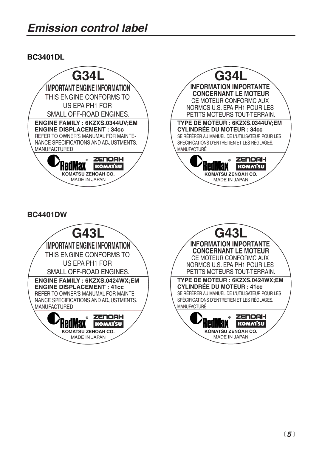 Zenoah BC4401DW manual Emission control label,  5  