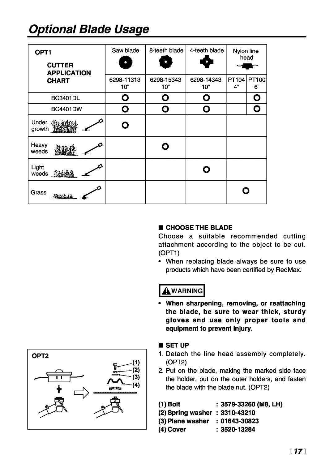Zenoah BC4401DW manual Optional Blade Usage,  17  