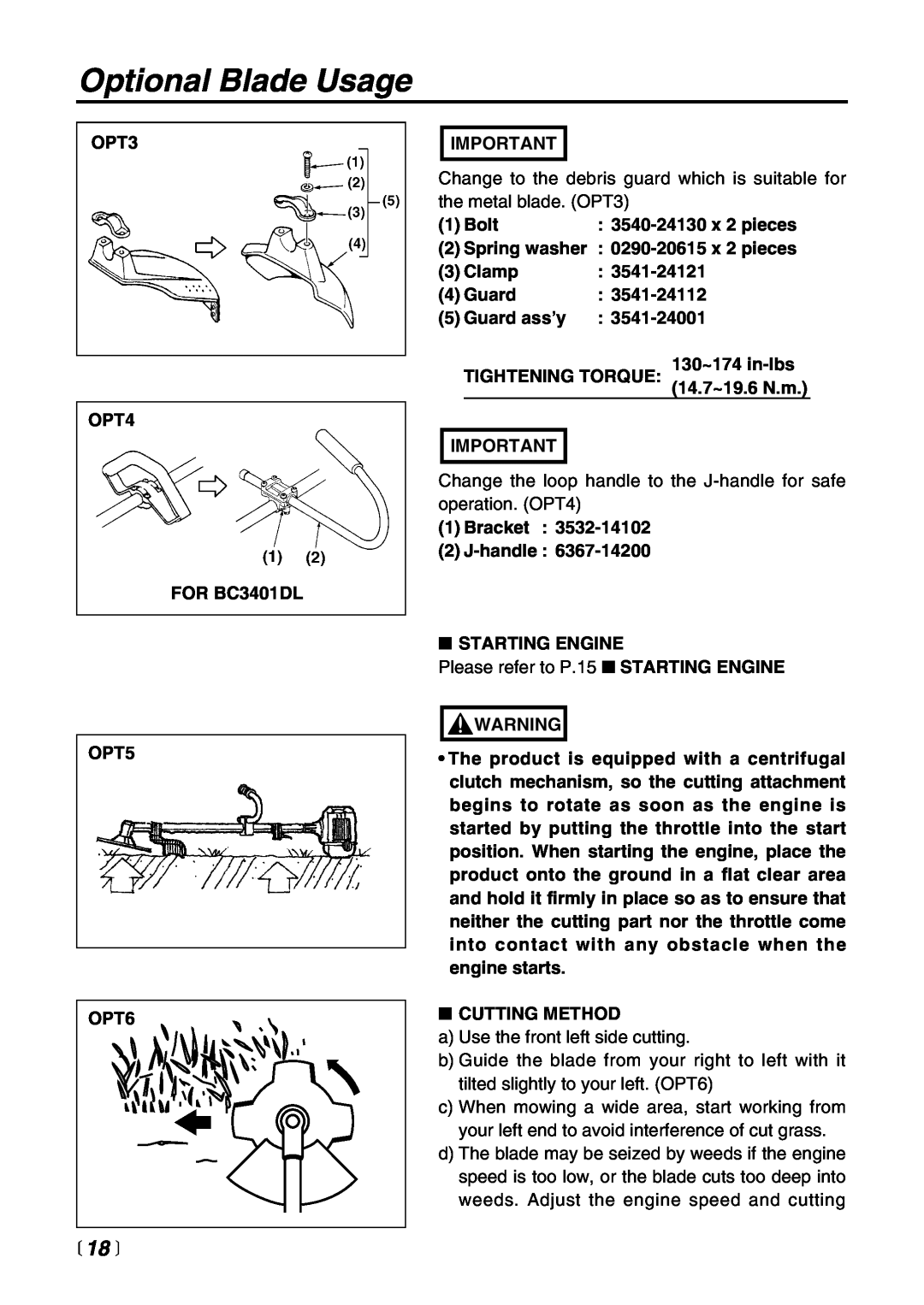 Zenoah BC4401DW manual Optional Blade Usage,  18  