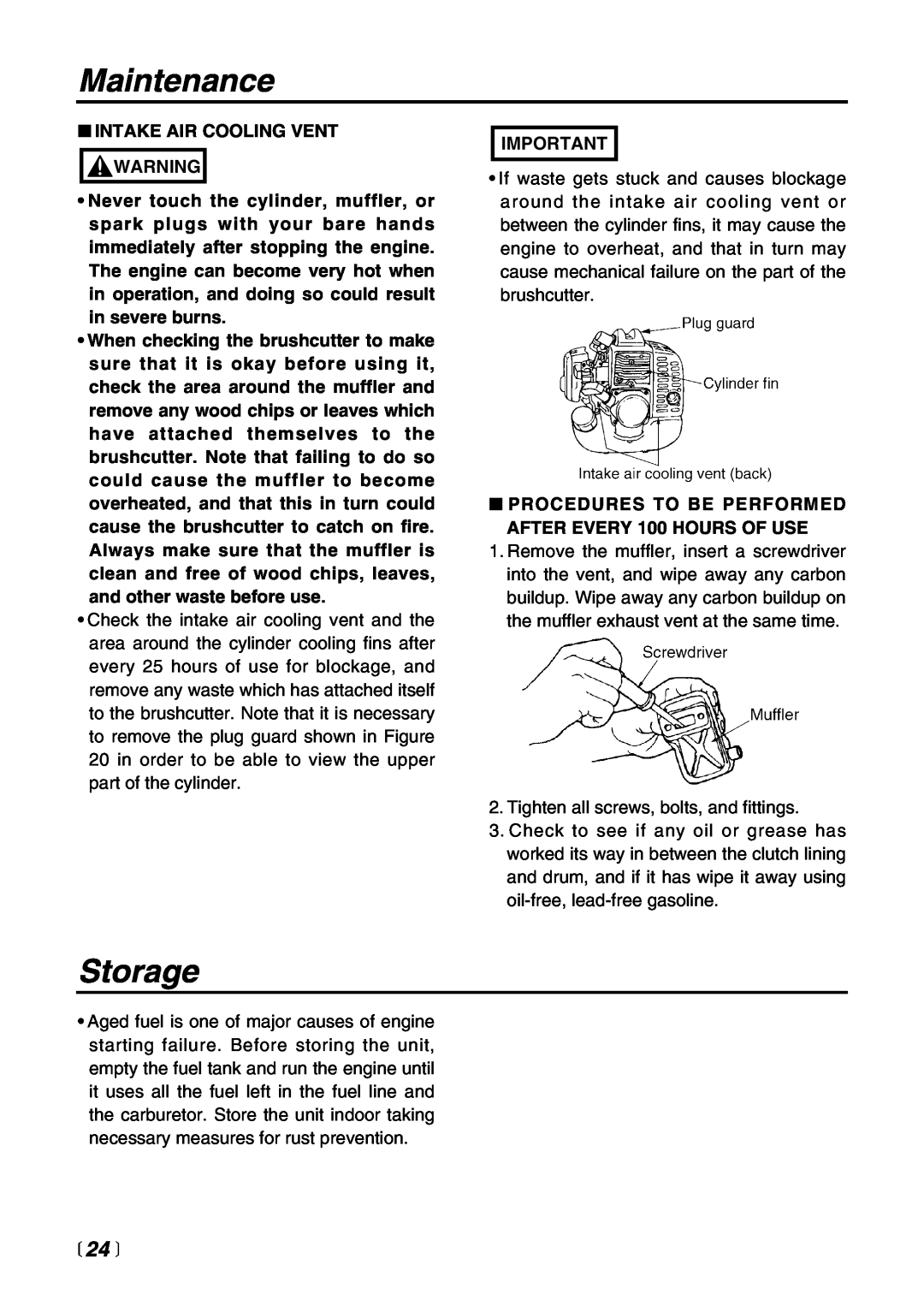Zenoah BC4401DW manual Storage, Maintenance,  24  