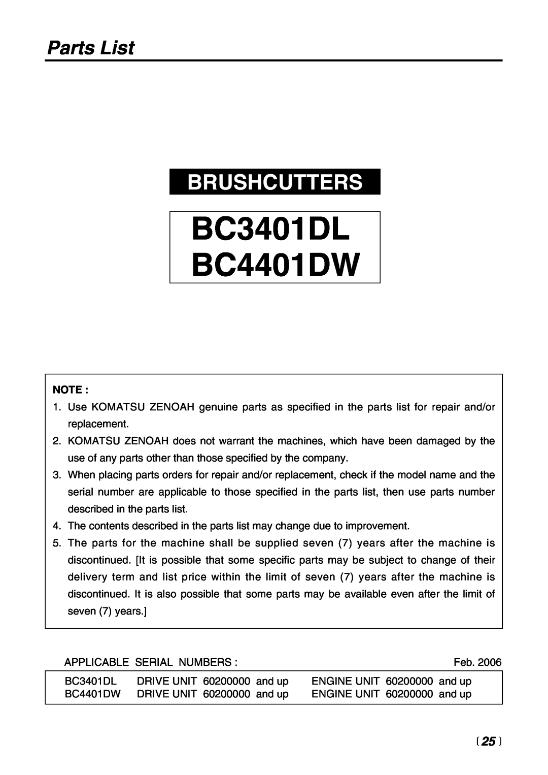 Zenoah manual Parts List, BC3401DL BC4401DW, Brushcutters,  25  