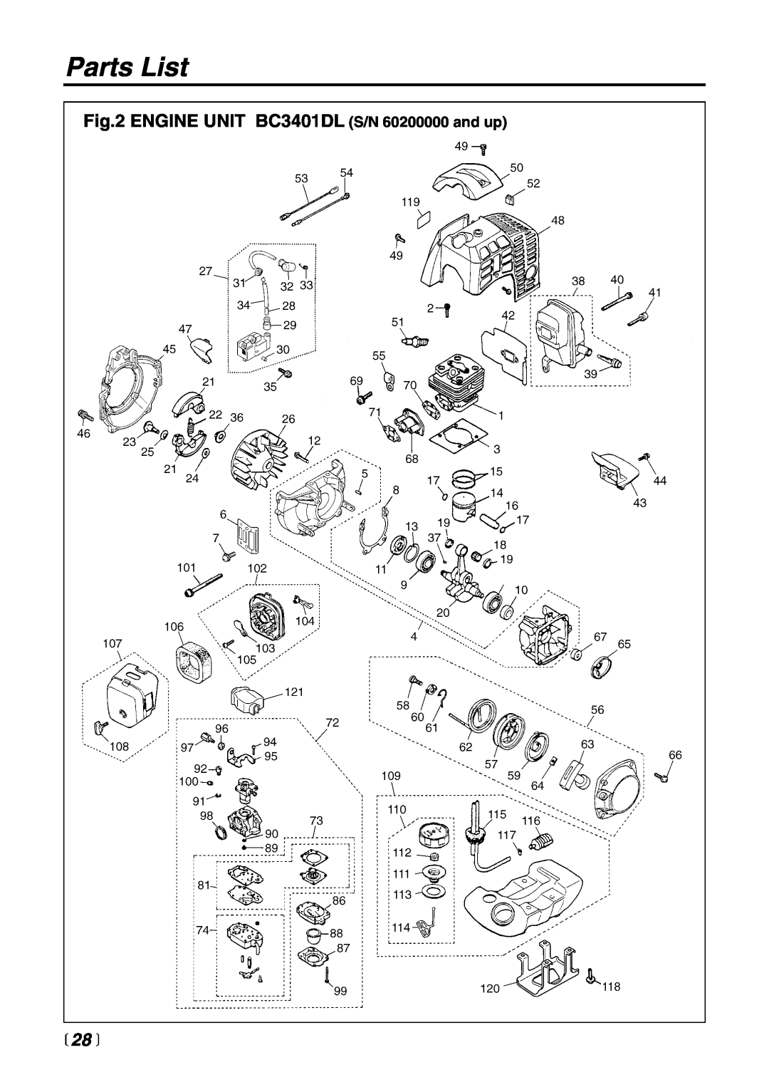 Zenoah BC4401DW manual ENGINE UNIT BC3401DL S/N 60200000 and up, Parts List,  28  