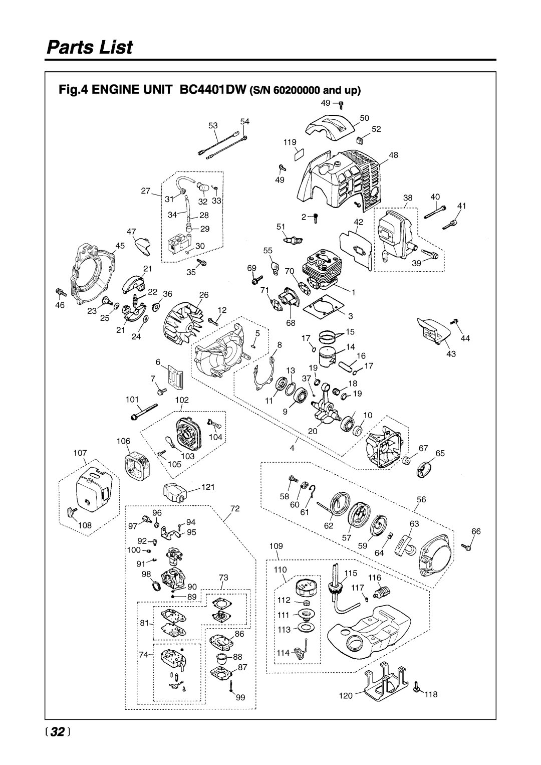 Zenoah manual ENGINE UNIT BC4401DW S/N 60200000 and up, Parts List,  32  