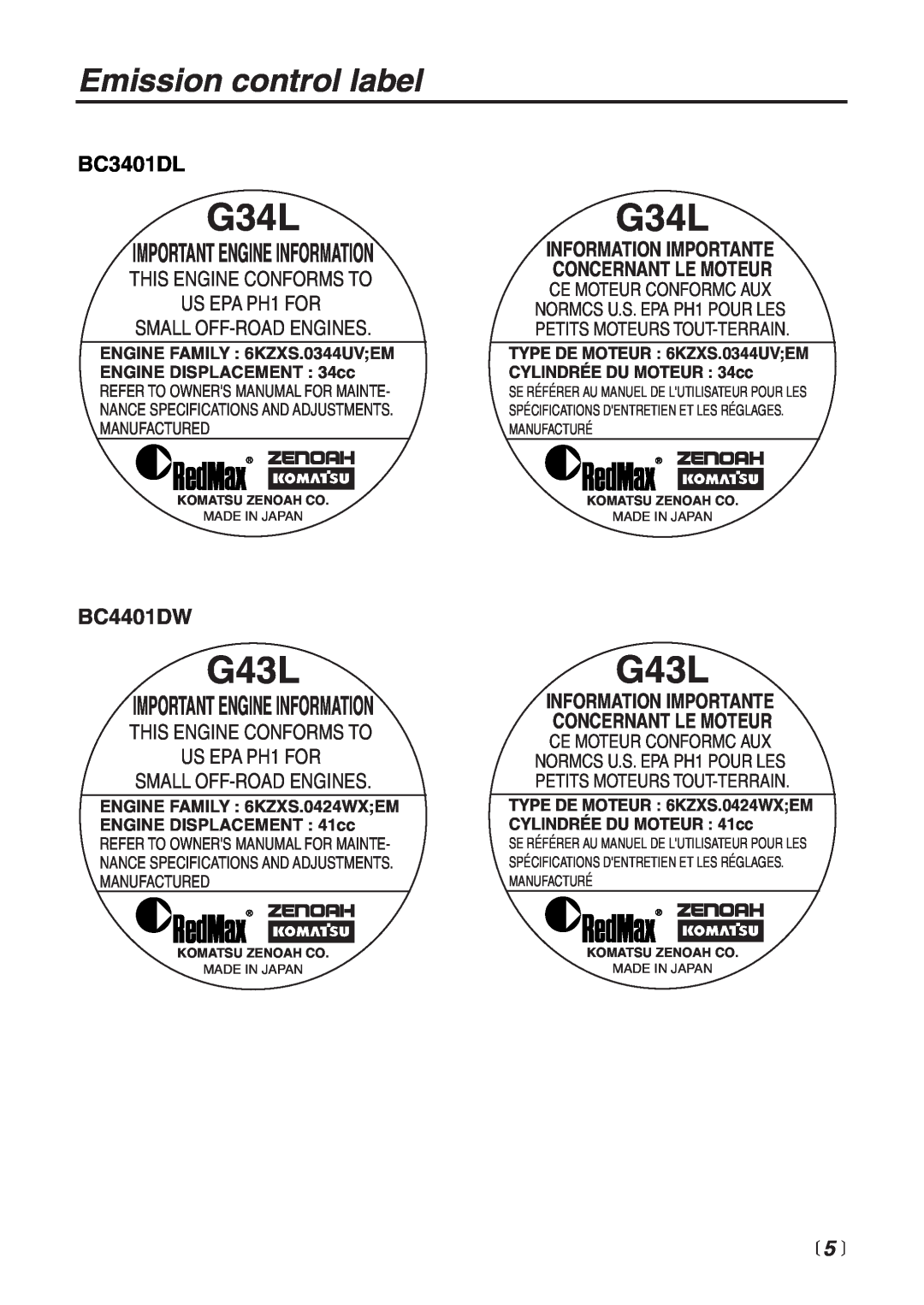 Zenoah BC4401DW manual Emission control label, BC3401DL, Important Engine Information, G34L, G43L, Ce Moteur Conformc Aux 