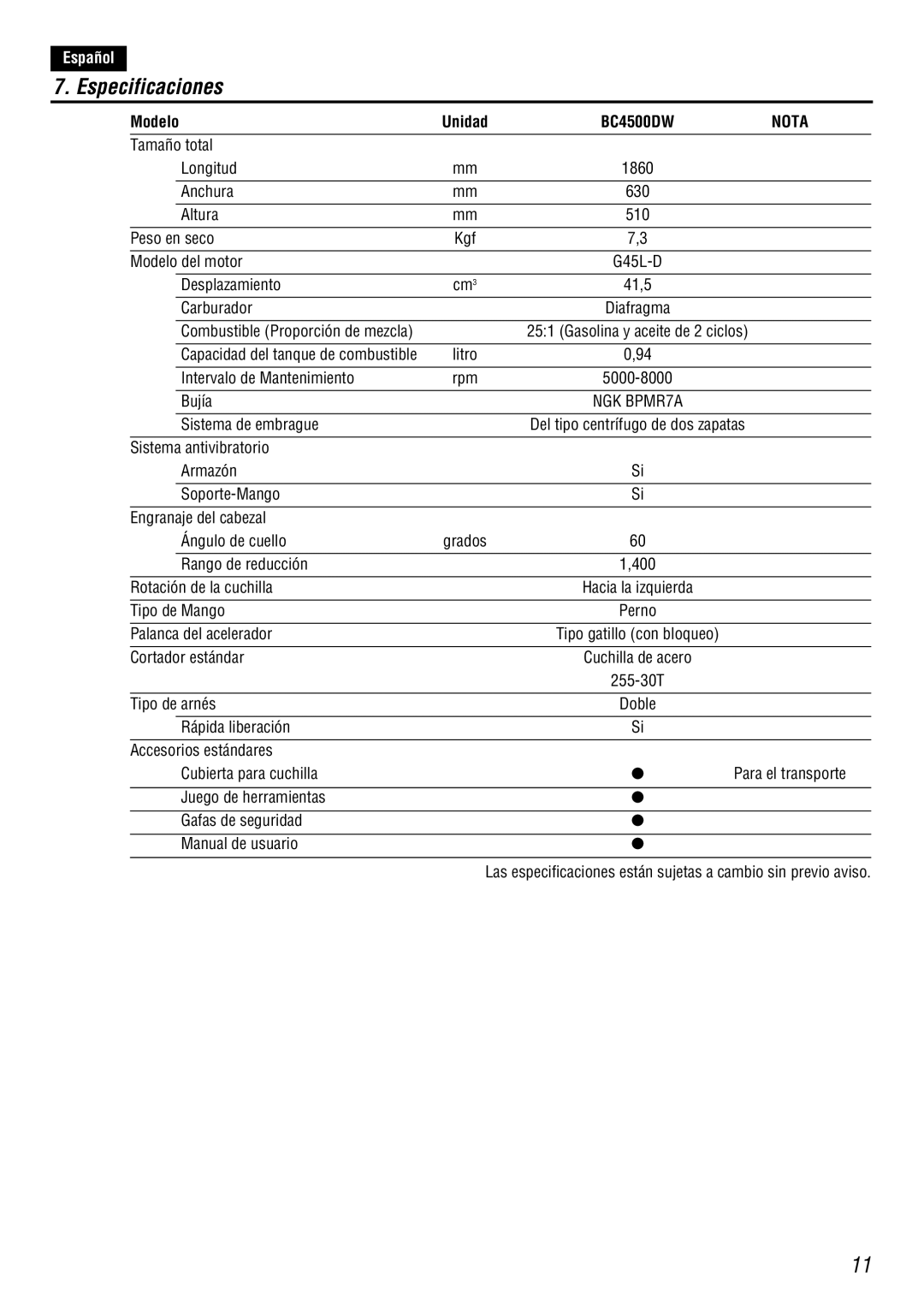 Zenoah BC4500DW owner manual Especificaciones, Modelo 