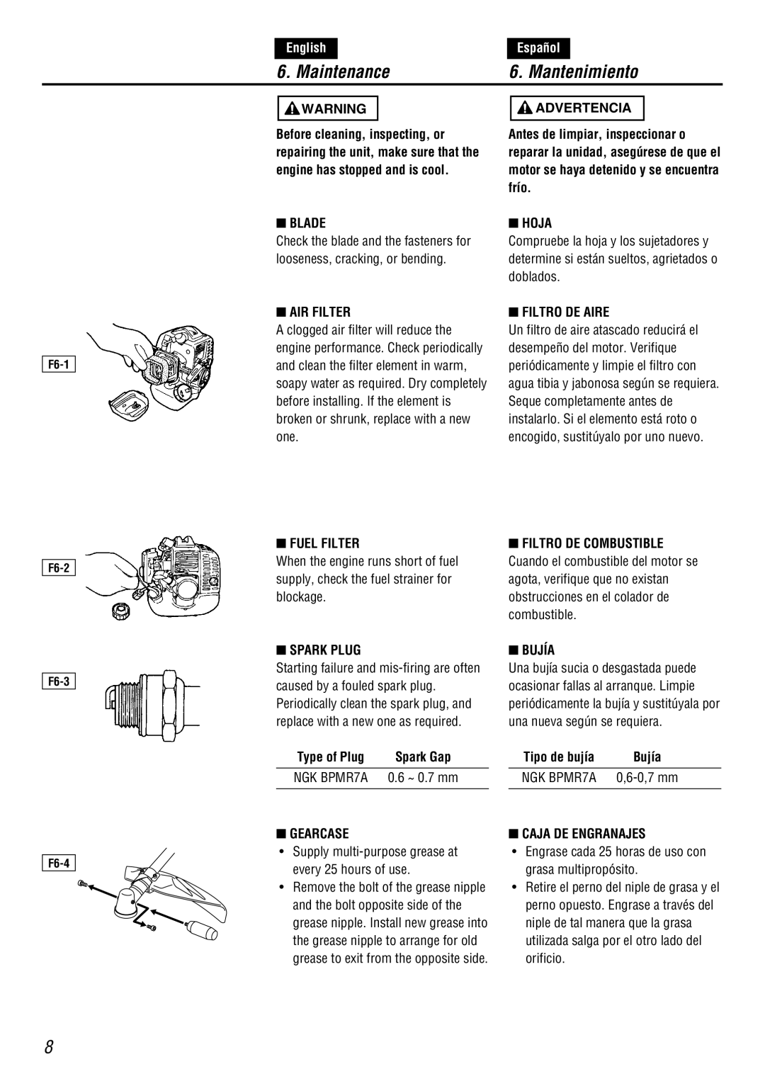 Zenoah BC4500DW owner manual Maintenance Mantenimiento 