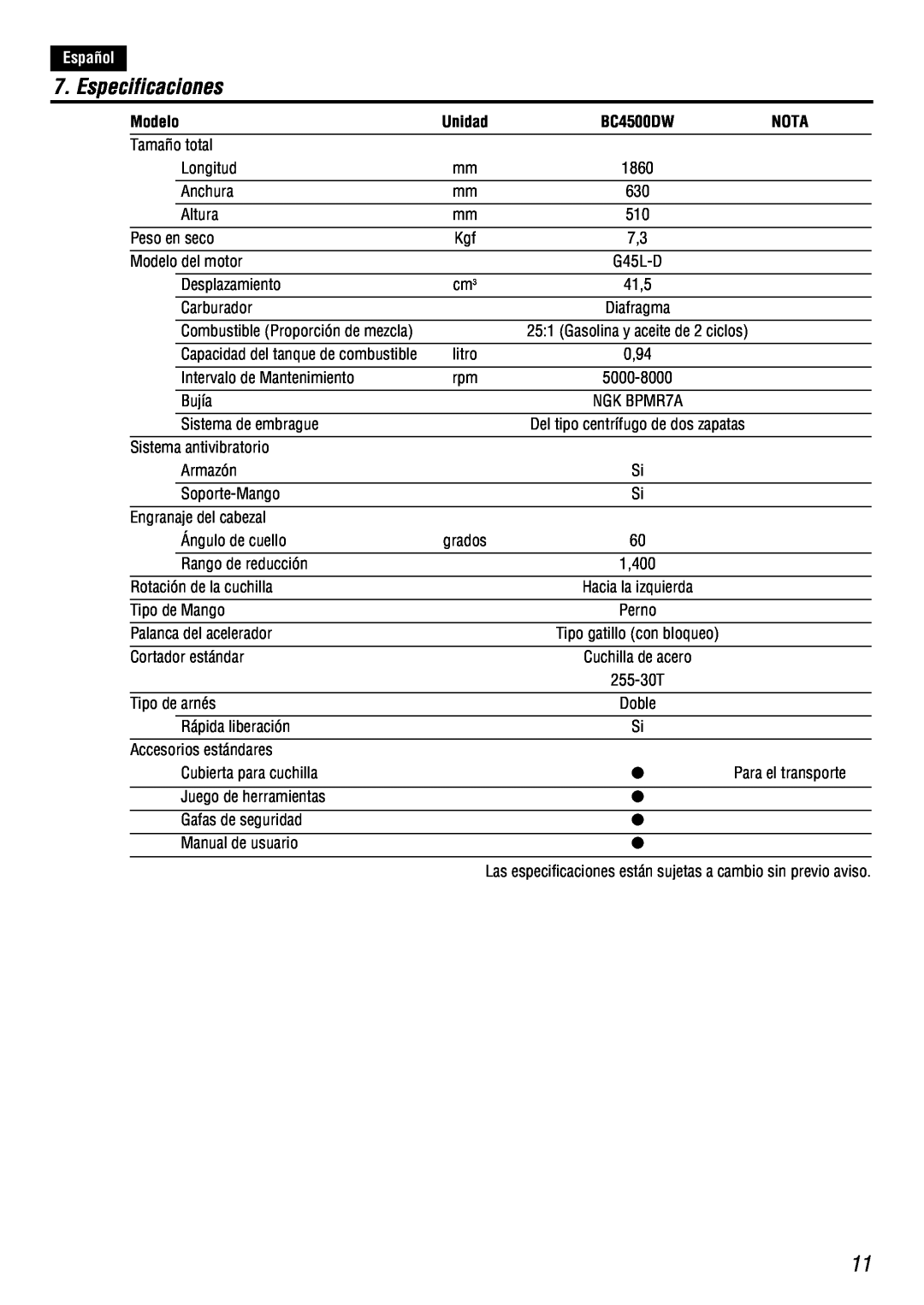 Zenoah BC4500DW owner manual Especificaciones, Modelo, Español 