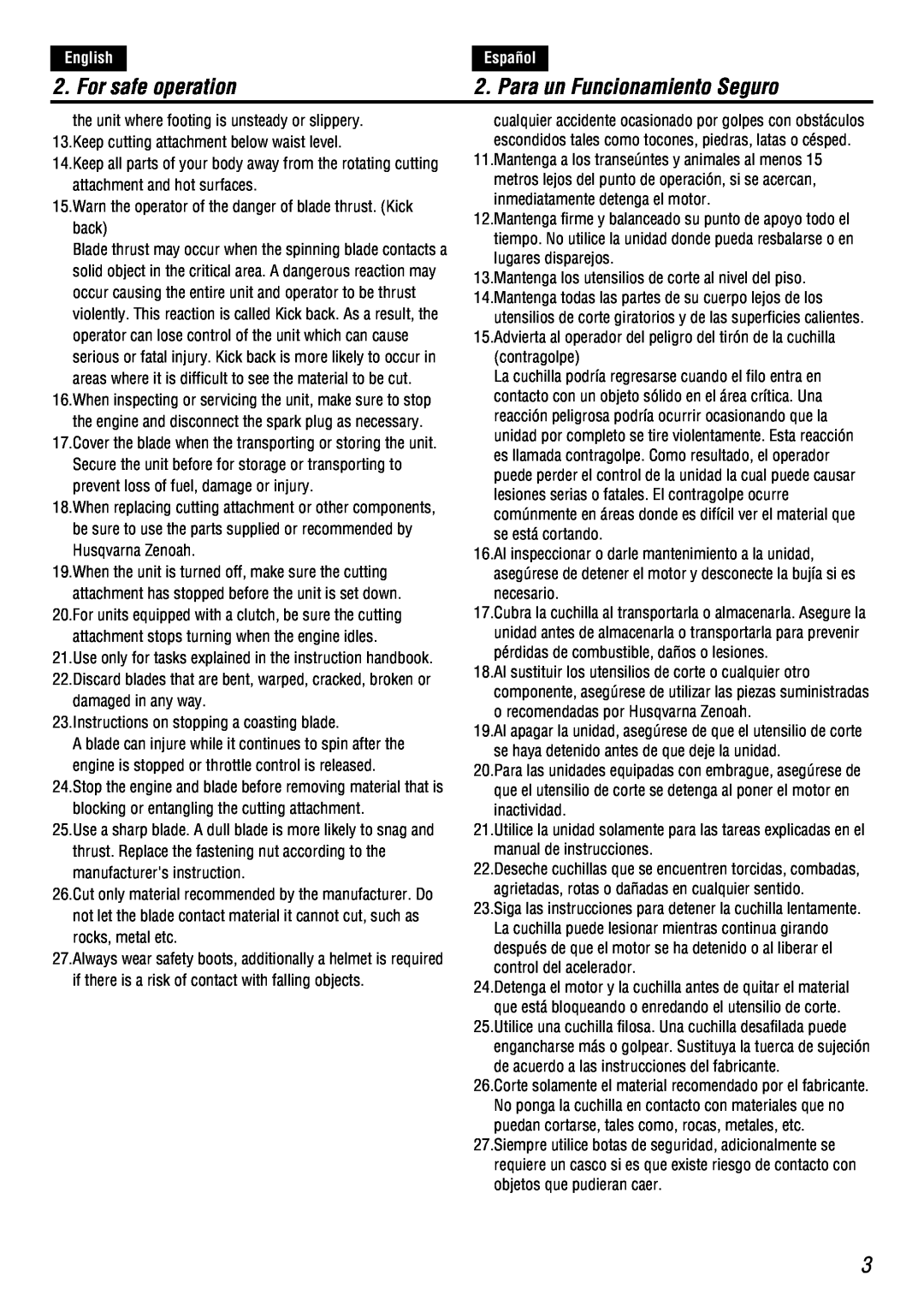 Zenoah BC4500DW owner manual For safe operation, Para un Funcionamiento Seguro, English, Español 