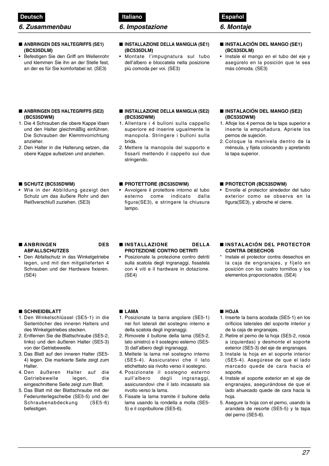 Zenoah BC535DWM, BC535DLM manual Zusammenbau Impostazione Montaje 