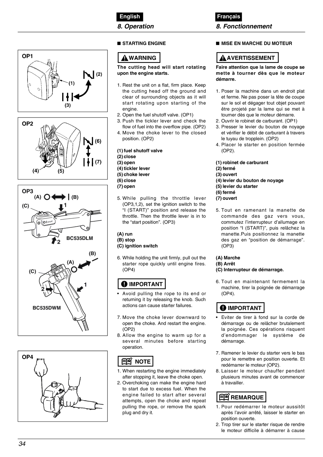 Zenoah BC535DLM, BC535DWM manual Operation Fonctionnement, OP1 OP2 OP3, OP4, Starting Engine Mise EN Marche DU Moteur 