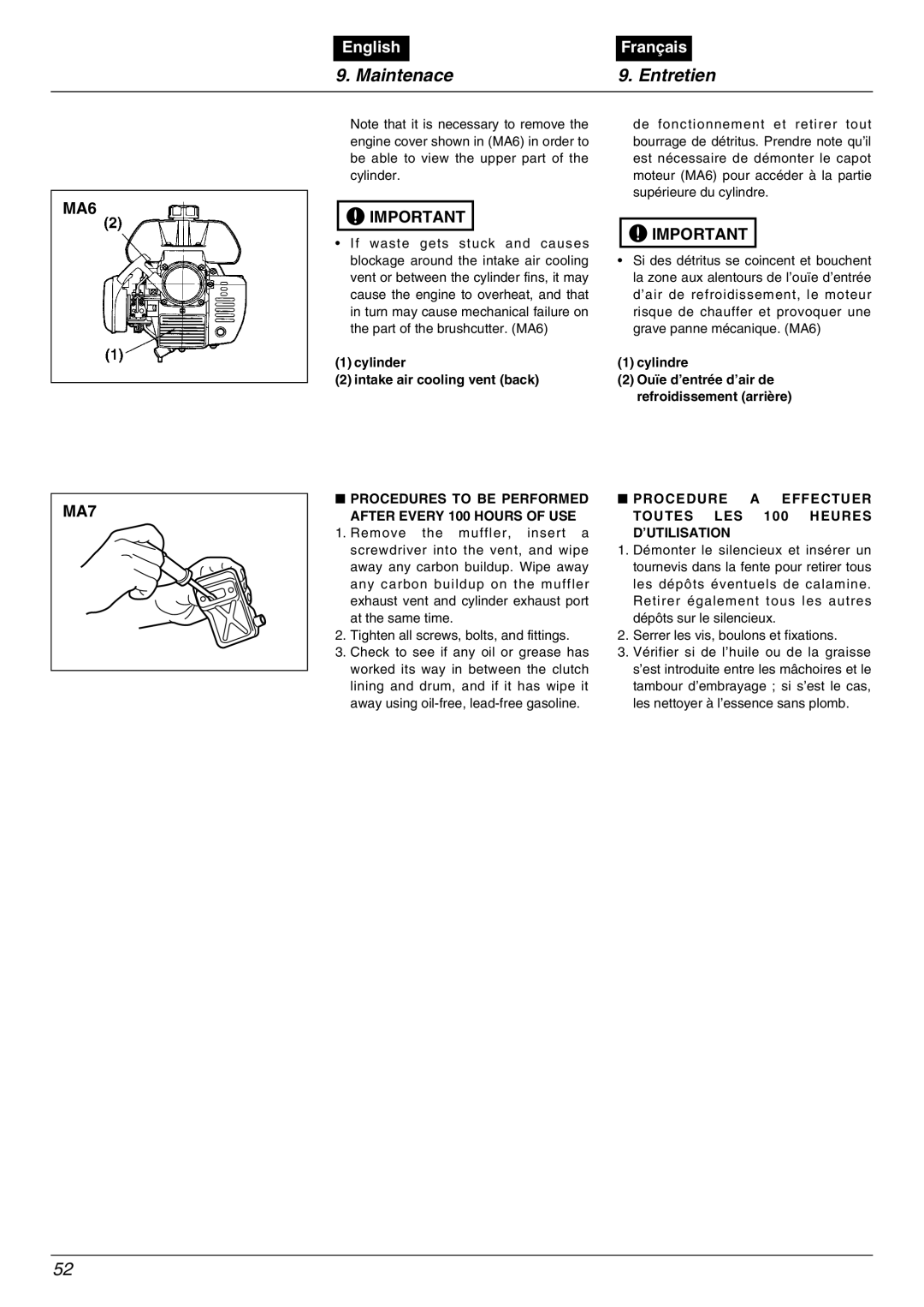 Zenoah BC535DLM MA6 MA7, Cylinder Intake air cooling vent back, Procedures to be Performed After Every 100 Hours of USE 