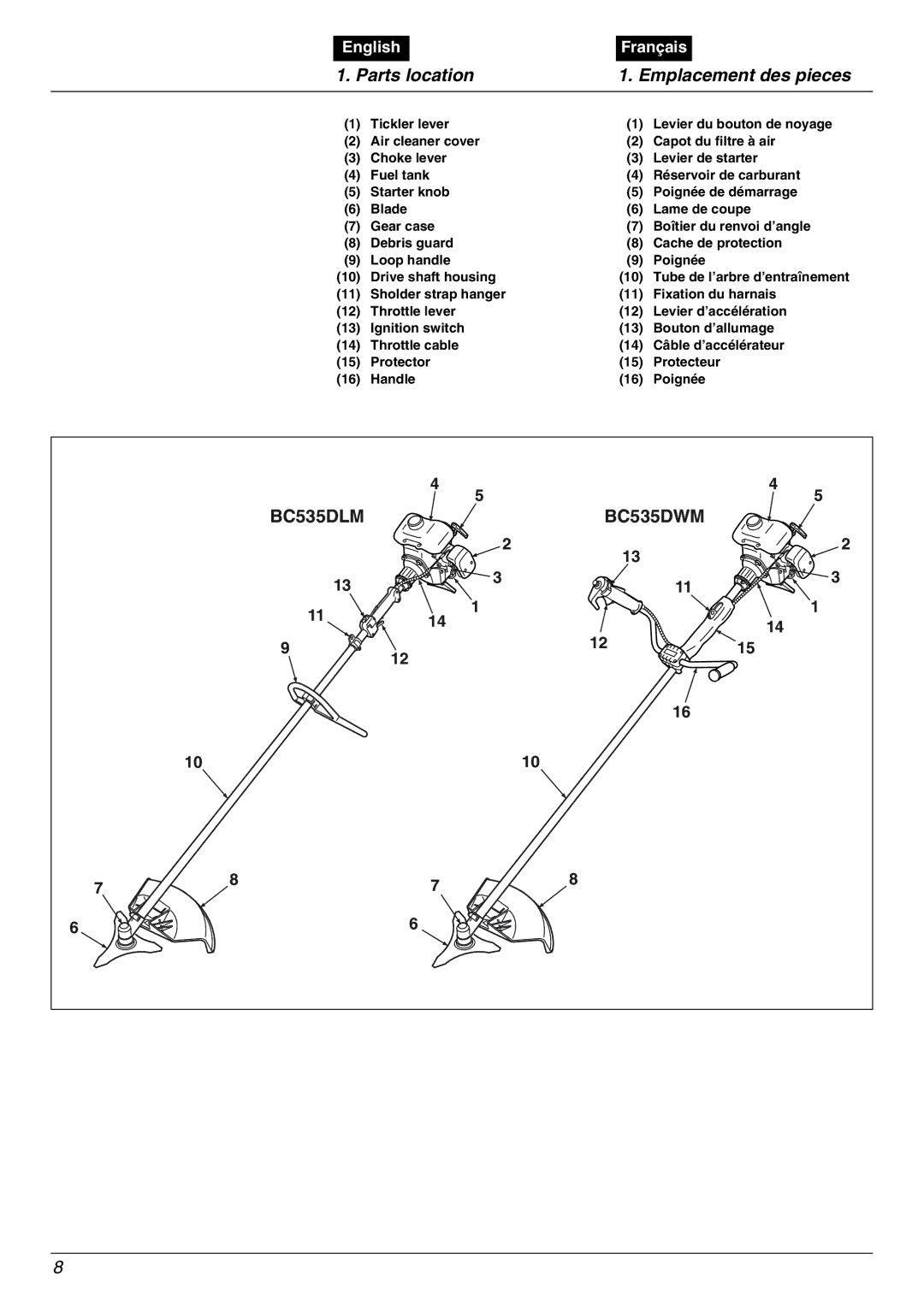 Zenoah BC535DLM, BC535DWM manual Parts location Emplacement des pieces 