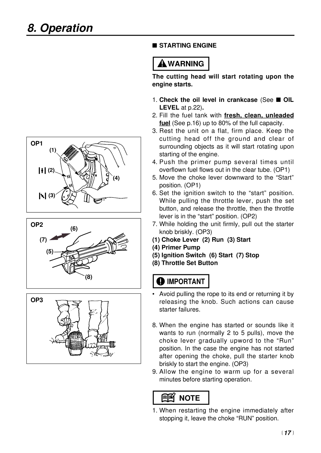 Zenoah BCX2600S manual Operation, OP1 OP2 OP3 Starting Engine 