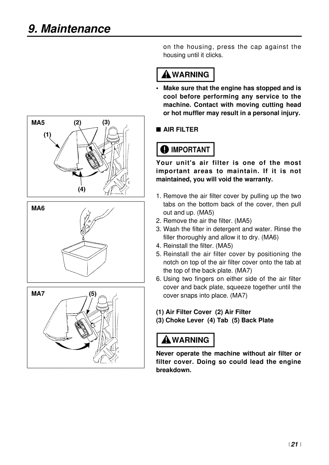 Zenoah BCX2600S manual MA5 MA6 MA7, AIR Filter 