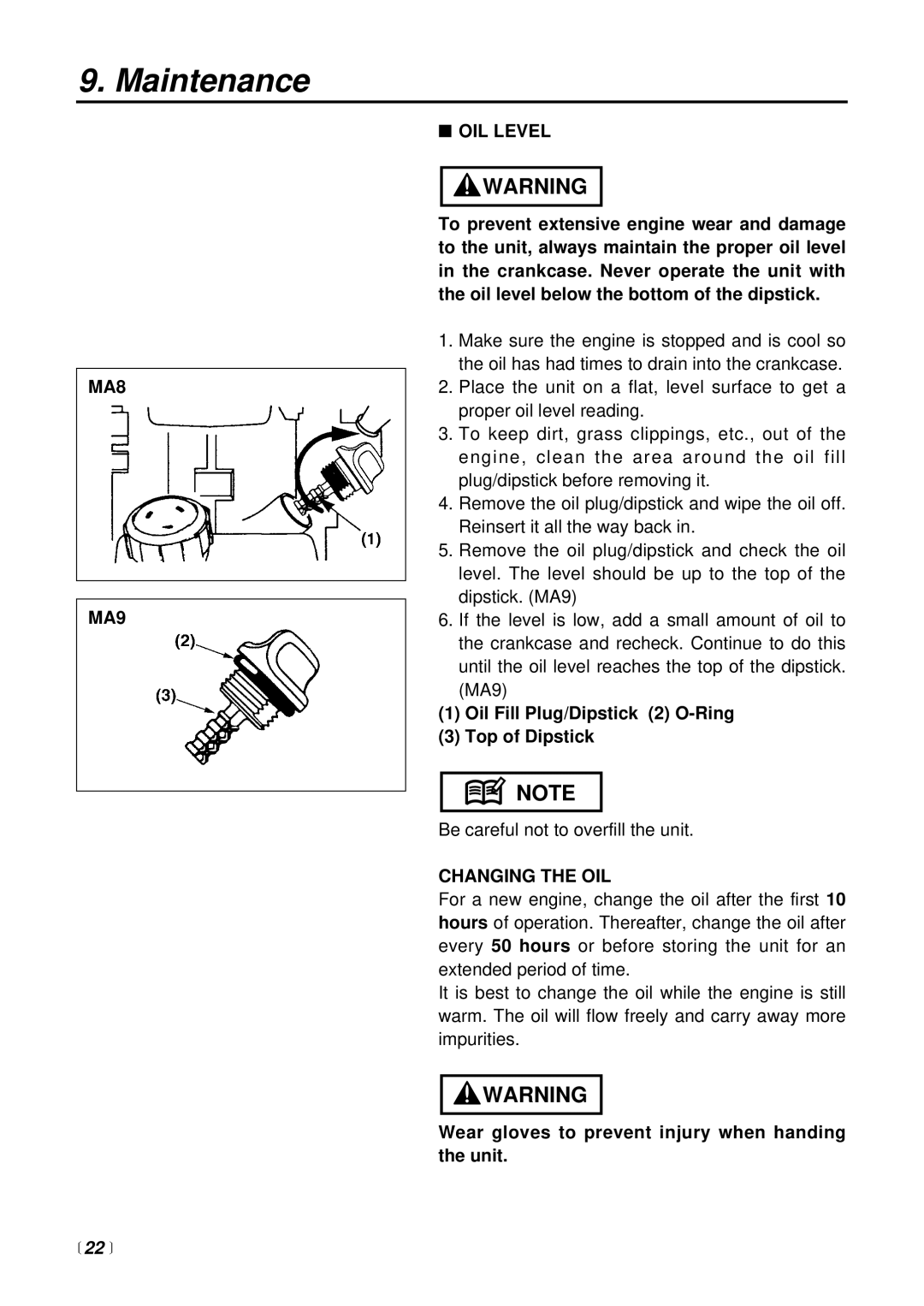 Zenoah BCX2600S manual MA8 MA9 OIL Level, Oil Fill Plug/Dipstick 2 O-Ring Top of Dipstick, Changing the OIL 