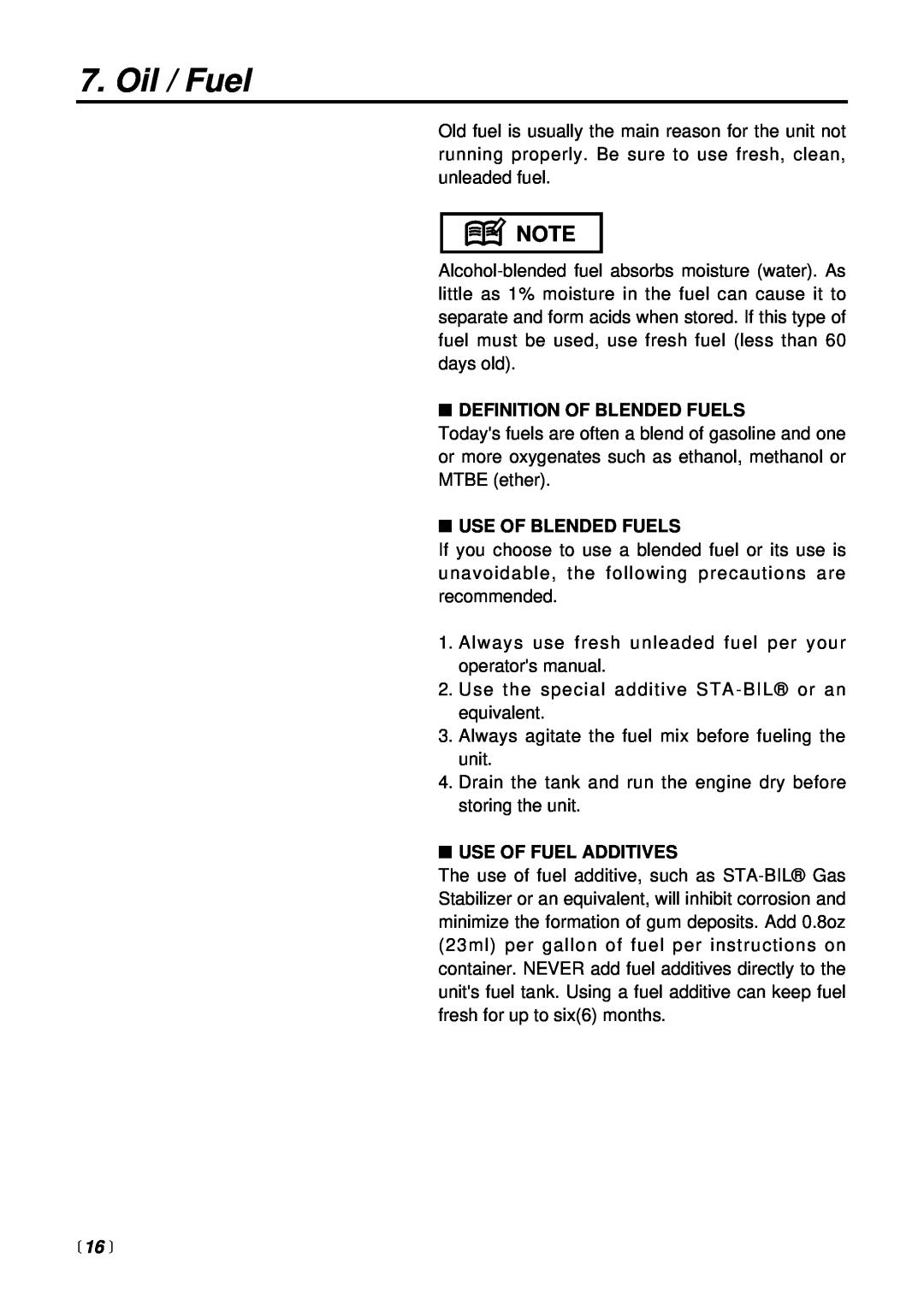 Zenoah BCX2600S manual Definition Of Blended Fuels, Use Of Blended Fuels, Use Of Fuel Additives, 16 , Oil / Fuel 