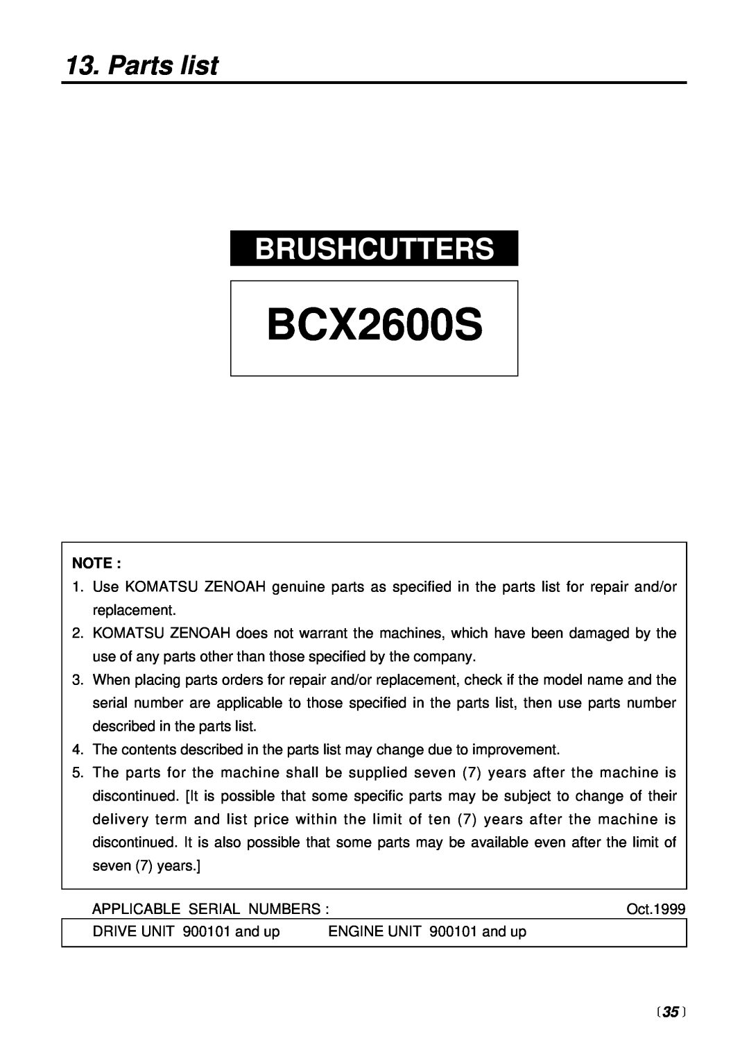 Zenoah BCX2600S manual Parts list, 35 , Brushcutters 