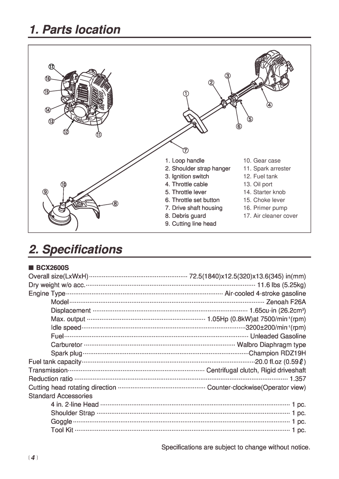 Zenoah BCX2600S manual Parts location, Specifications, 4  