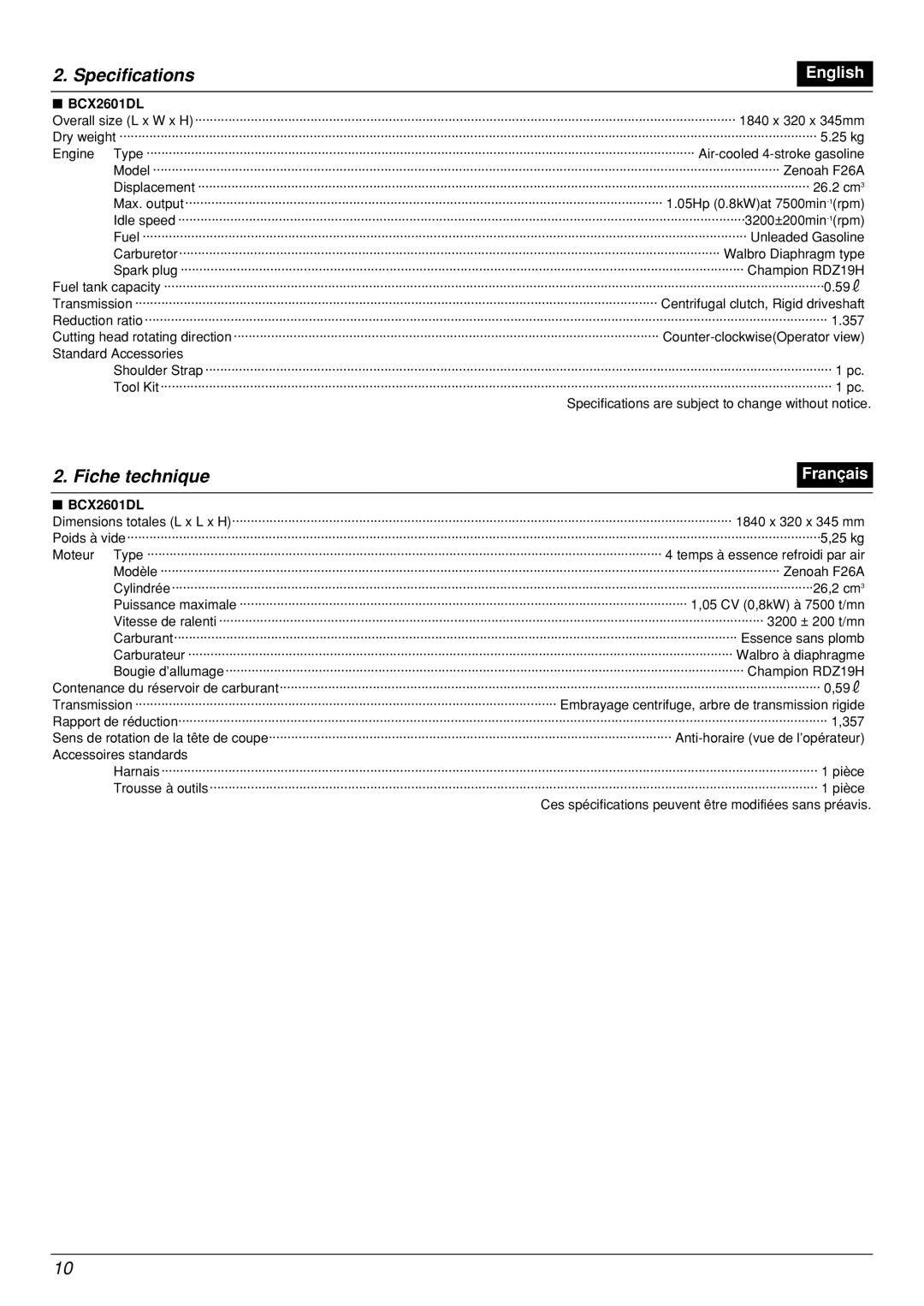 Zenoah BCX2601DL manual Specifications, Fiche technique 