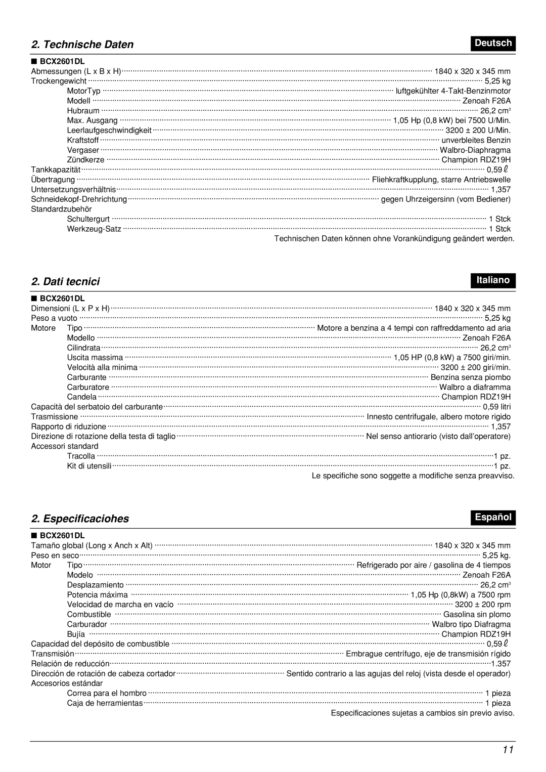 Zenoah BCX2601DL manual Technische Daten, Dati tecnici, Especificaciohes 