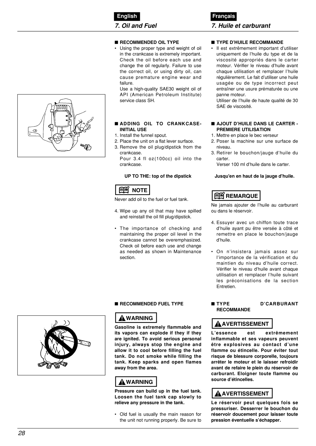 Zenoah BCX2601DL Oil and Fuel Huile et carburant, Recommended OIL Type Type D’HUILE Recommande, Recommended Fuel Type 