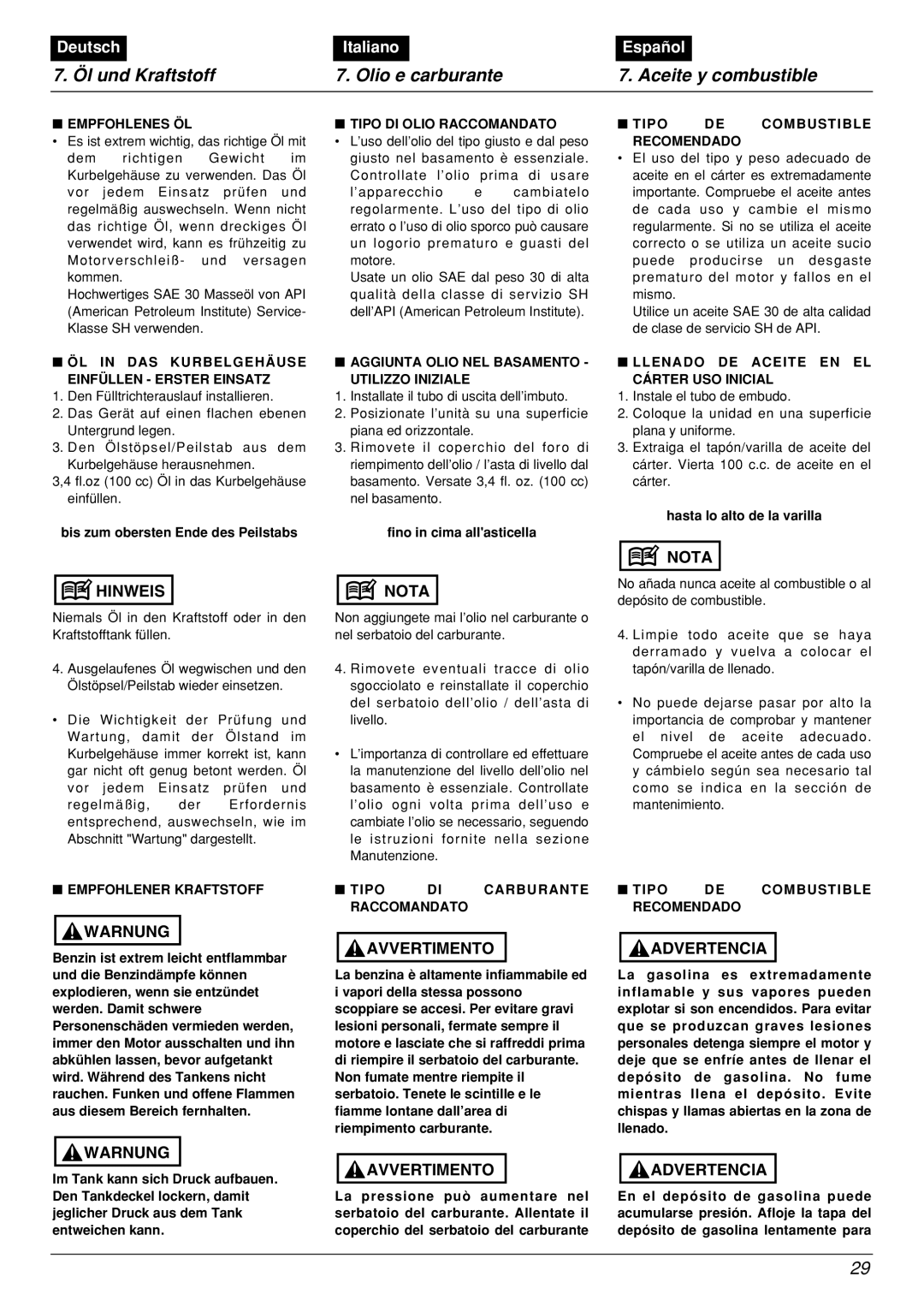 Zenoah BCX2601DL manual Öl und Kraftstoff Olio e carburante Aceite y combustible, Warnung Avvertimento Advertencia 