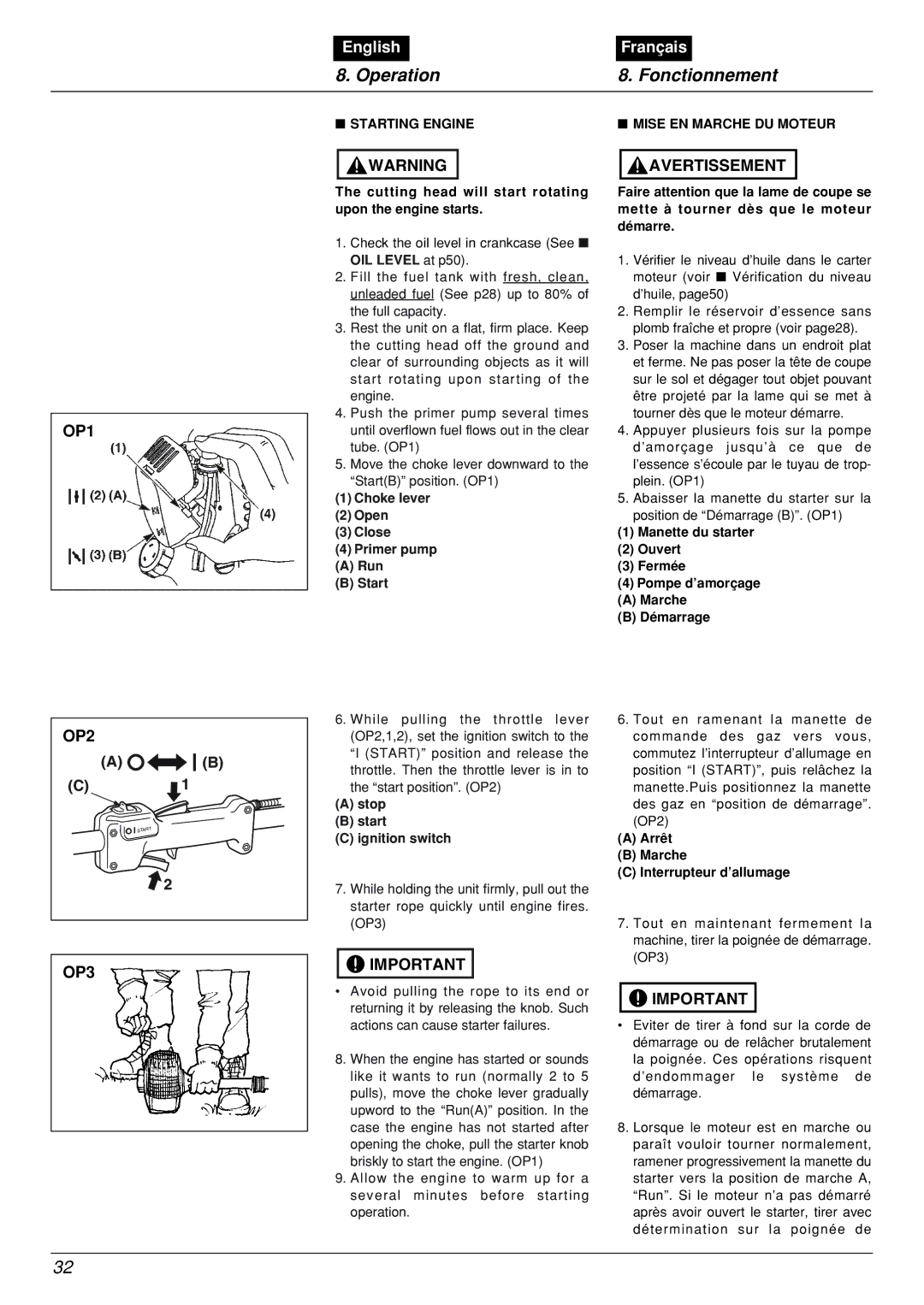 Zenoah BCX2601DL manual Operation Fonctionnement, OP1, OP2 OP3, Starting Engine Mise EN Marche DU Moteur 