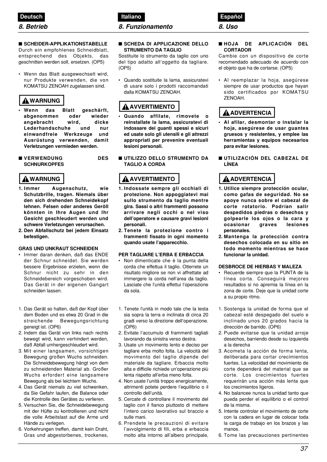 Zenoah BCX2601DL manual Utilización DEL Cabezal DE Línea, Gras UND Unkraut Schneiden, PER Tagliare L’ERBA E Erbaccia 