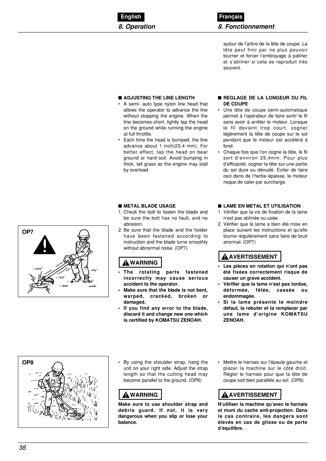 Zenoah BCX2601DL manual OP7 OP8, Adjusting the Line Length, Metal Blade Usage, Reglage DE LA Longeur DU FIL DE Coupe 