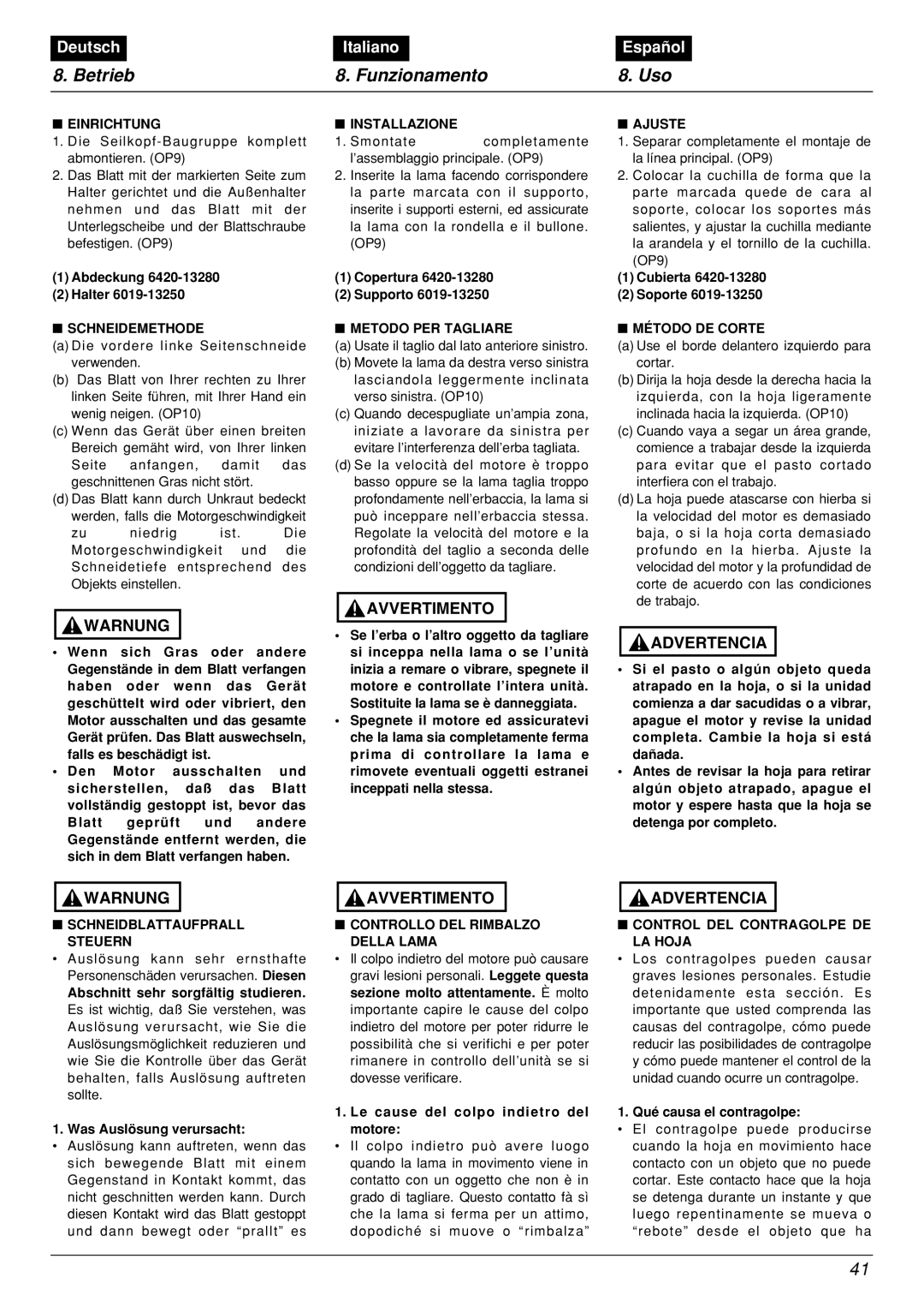 Zenoah BCX2601DL manual Einrichtung, Schneidemethode, Installazione, Metodo PER Tagliare, Ajuste, Método DE Corte 