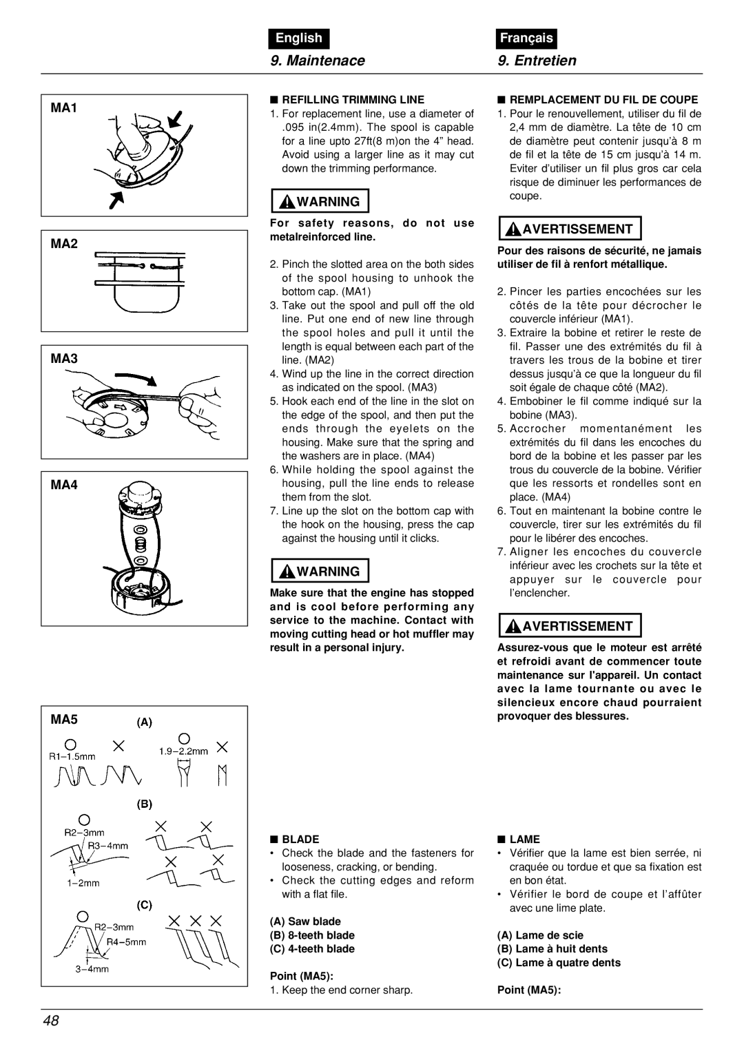 Zenoah BCX2601DL manual Maintenace Entretien, MA1 MA2, MA3 MA4 MA5 