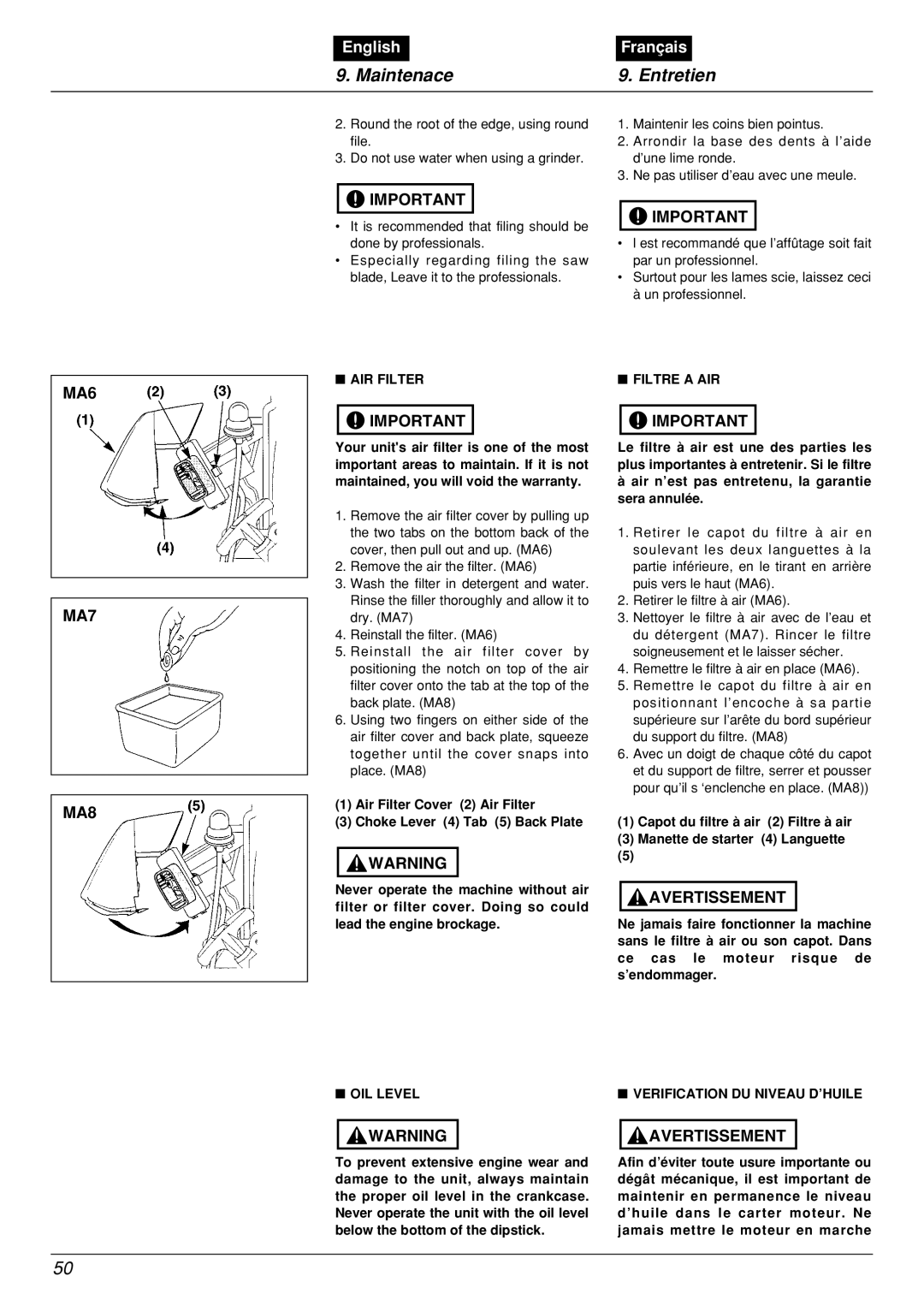 Zenoah BCX2601DL manual MA6 MA7 MA8, AIR Filter, OIL Level, Filtre a AIR, Verification DU Niveau D’HUILE 