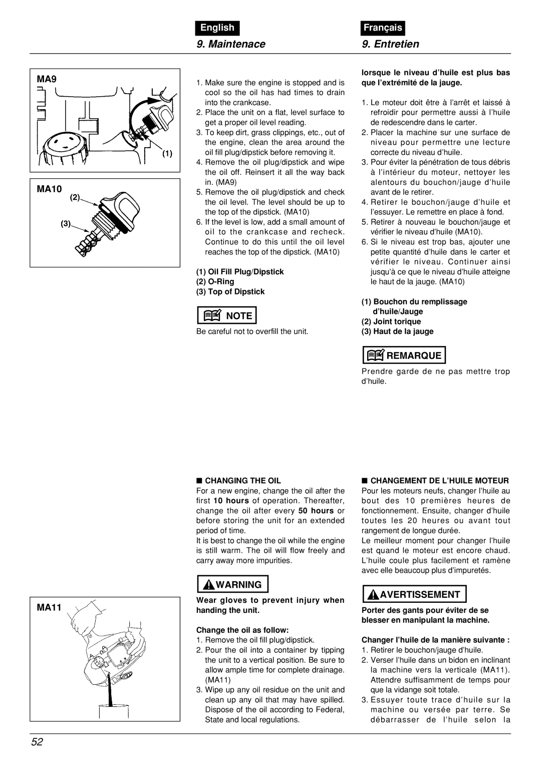 Zenoah BCX2601DL manual MA9, Oil Fill Plug/Dipstick Ring Top of Dipstick, Changing the OIL 