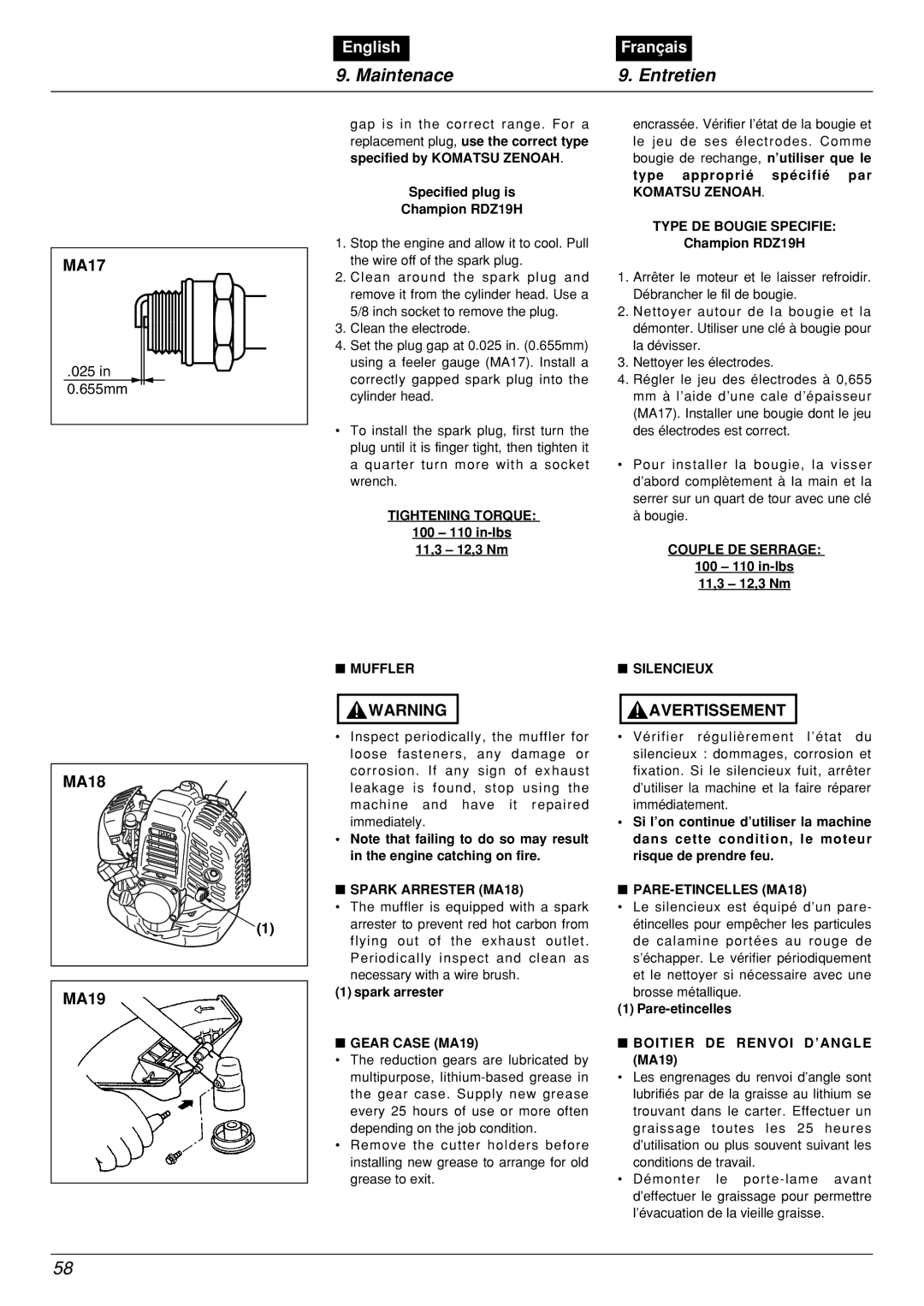 Zenoah BCX2601DL Tightening Torque, Muffler, Spark Arrester MA18, Gear Case MA19, Komatsu Zenoah Type DE Bougie Specifie 