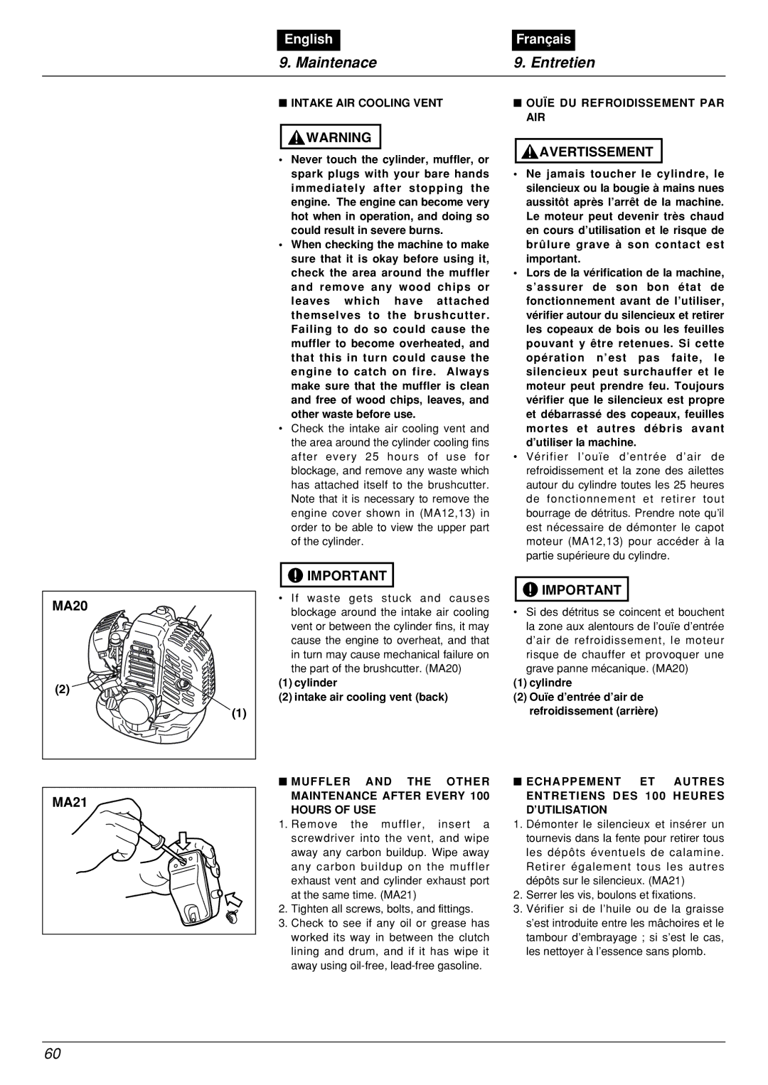 Zenoah BCX2601DL manual Maintenace Entretien, Intake AIR Cooling Vent Ouïe DU Refroidissement PAR 