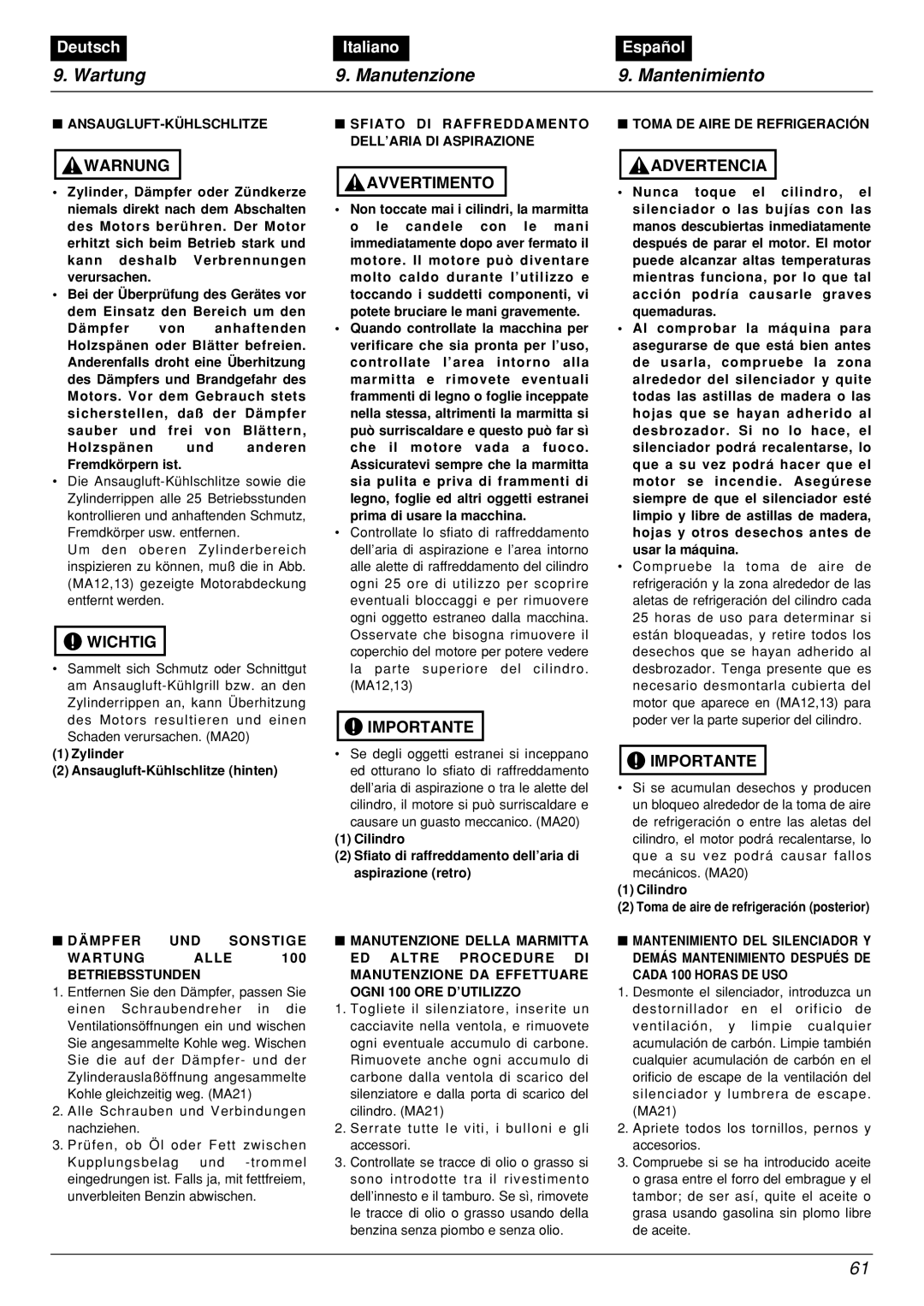 Zenoah BCX2601DL manual ED Altre Procedure DI, Betriebsstunden Manutenzione DA Effettuare, Ogni 100 ORE D’UTILIZZO 