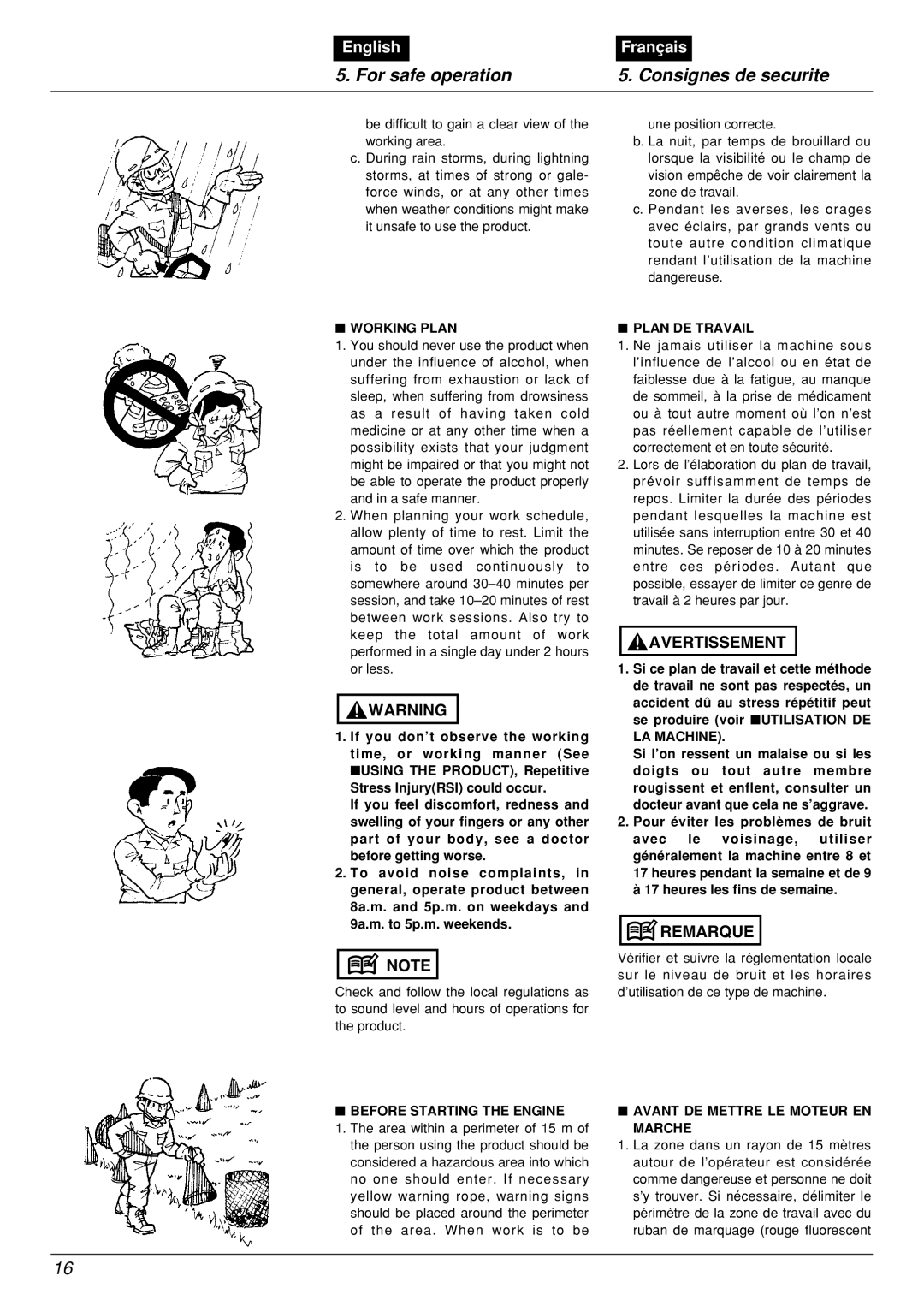 Zenoah BCX2601DL manual For safe operation, Consignes de securite, English, Français, Working Plan 