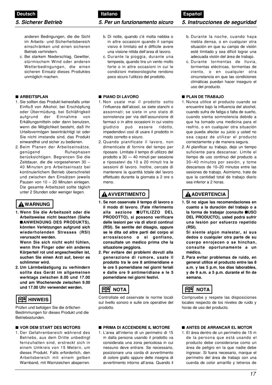 Zenoah BCX2601DL Sicherer Betrieb, Per un funzionamento sicuro, Instrucciones de seguridad, Deutsch, Italiano, Español 