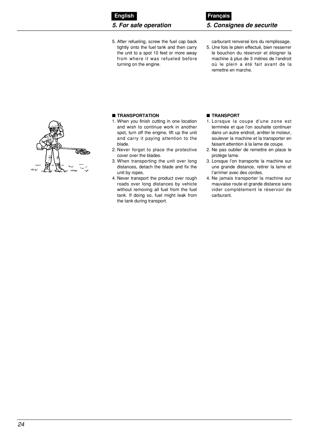 Zenoah BCX2601DL manual For safe operation, Consignes de securite, English, Français, Transportation 