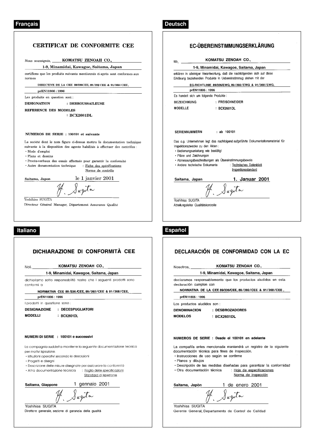 Zenoah BCX2601DL manual Français, Deutsch, Italiano, Español 