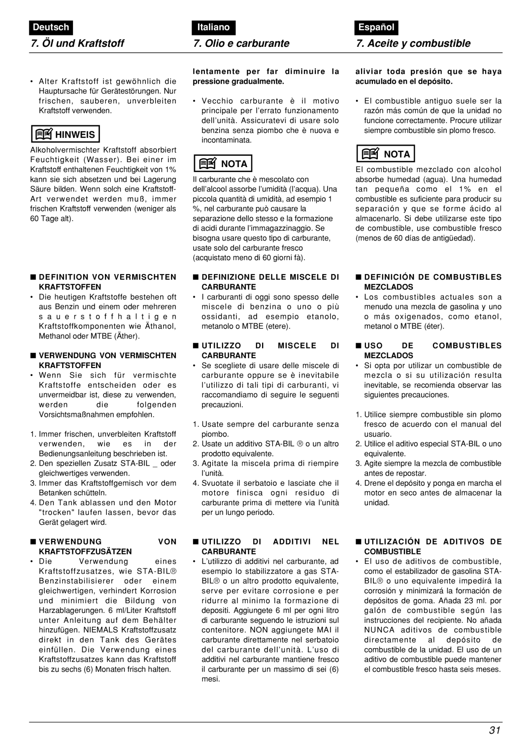 Zenoah BCX2601DL manual 7. Öl und Kraftstoff, Olio e carburante, Aceite y combustible, Deutsch, Italiano, Español 